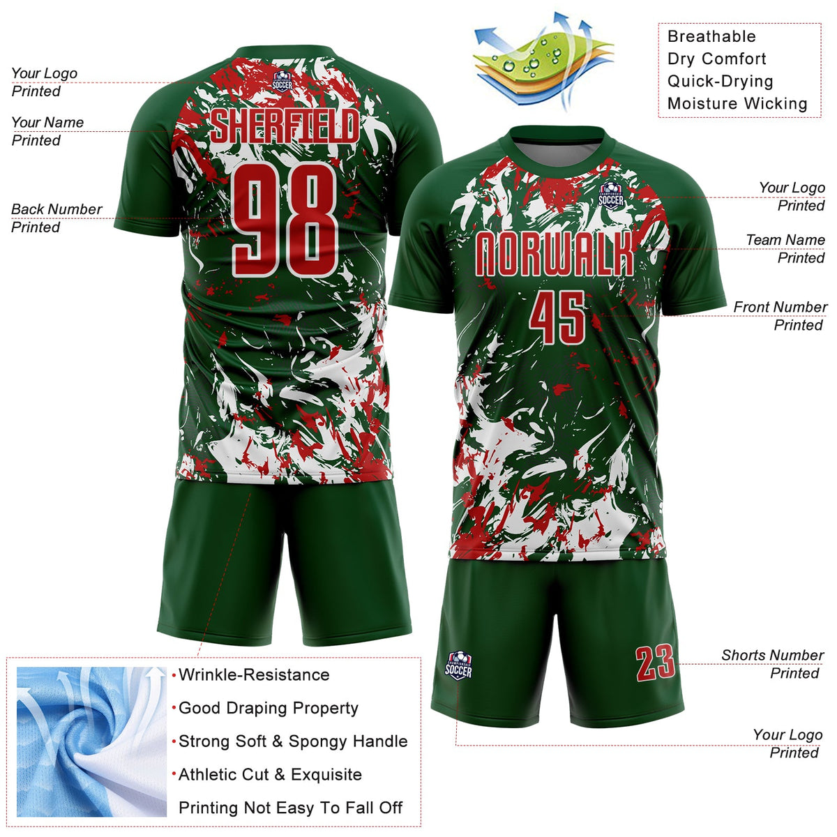 Custom Green Red-White Fluid Art Splash Sublimation Soccer Uniform Jersey Limited
