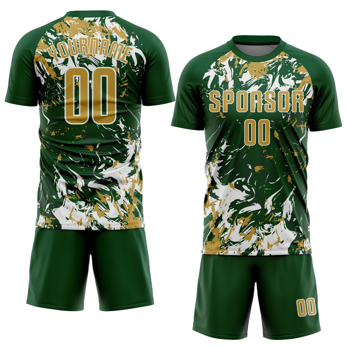 Custom Green Old Gold-White Fluid Art Splash Sublimation Soccer Uniform Jersey Limited