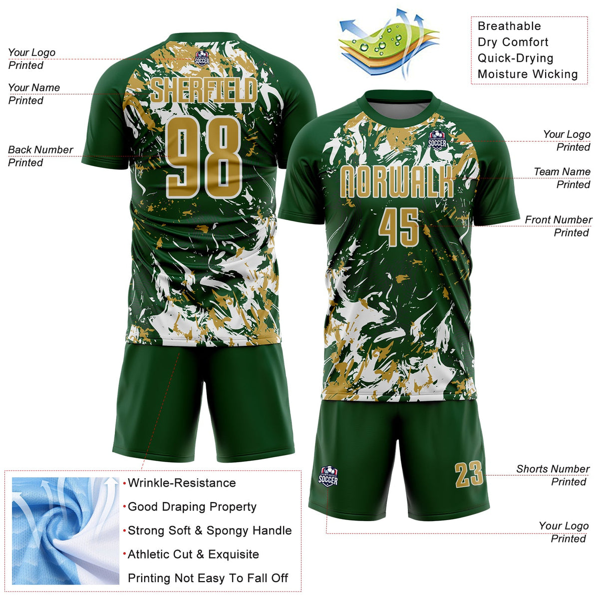 Custom Green Old Gold-White Fluid Art Splash Sublimation Soccer Uniform Jersey Limited
