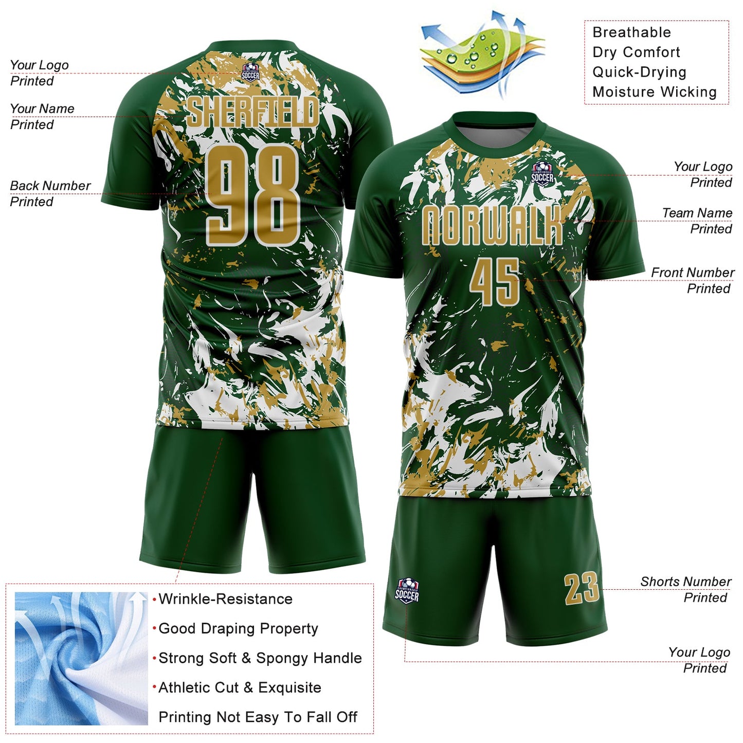 Custom Green Old Gold-White Fluid Art Splash Sublimation Soccer Uniform Jersey Limited