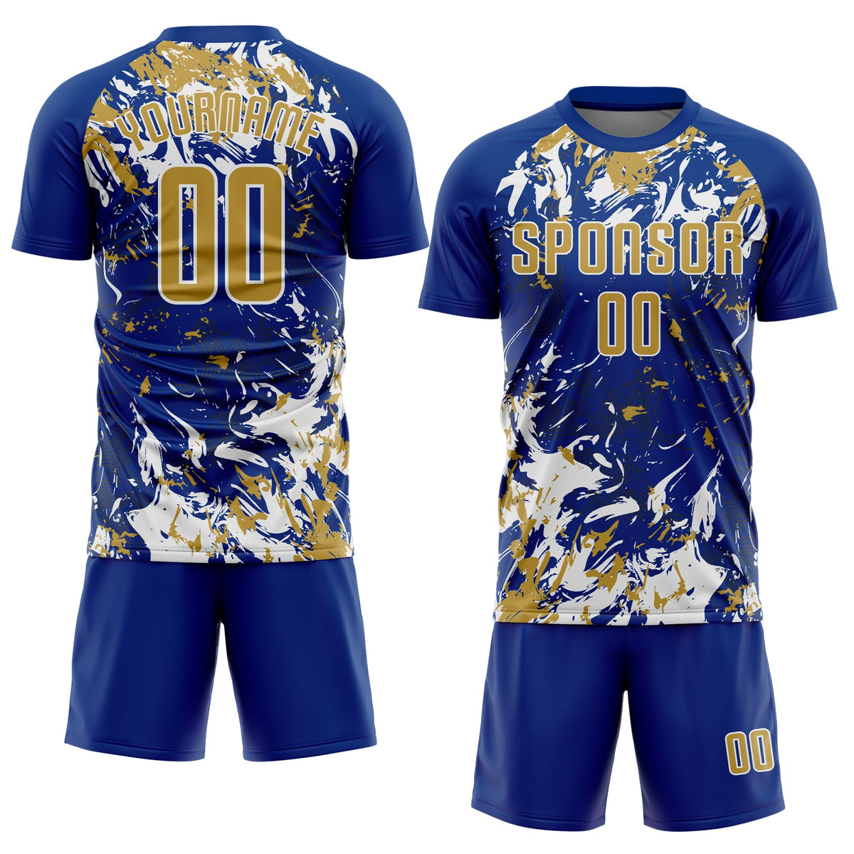 Custom Royal Old Gold-White Fluid Art Splash Sublimation Soccer Uniform Jersey Limited