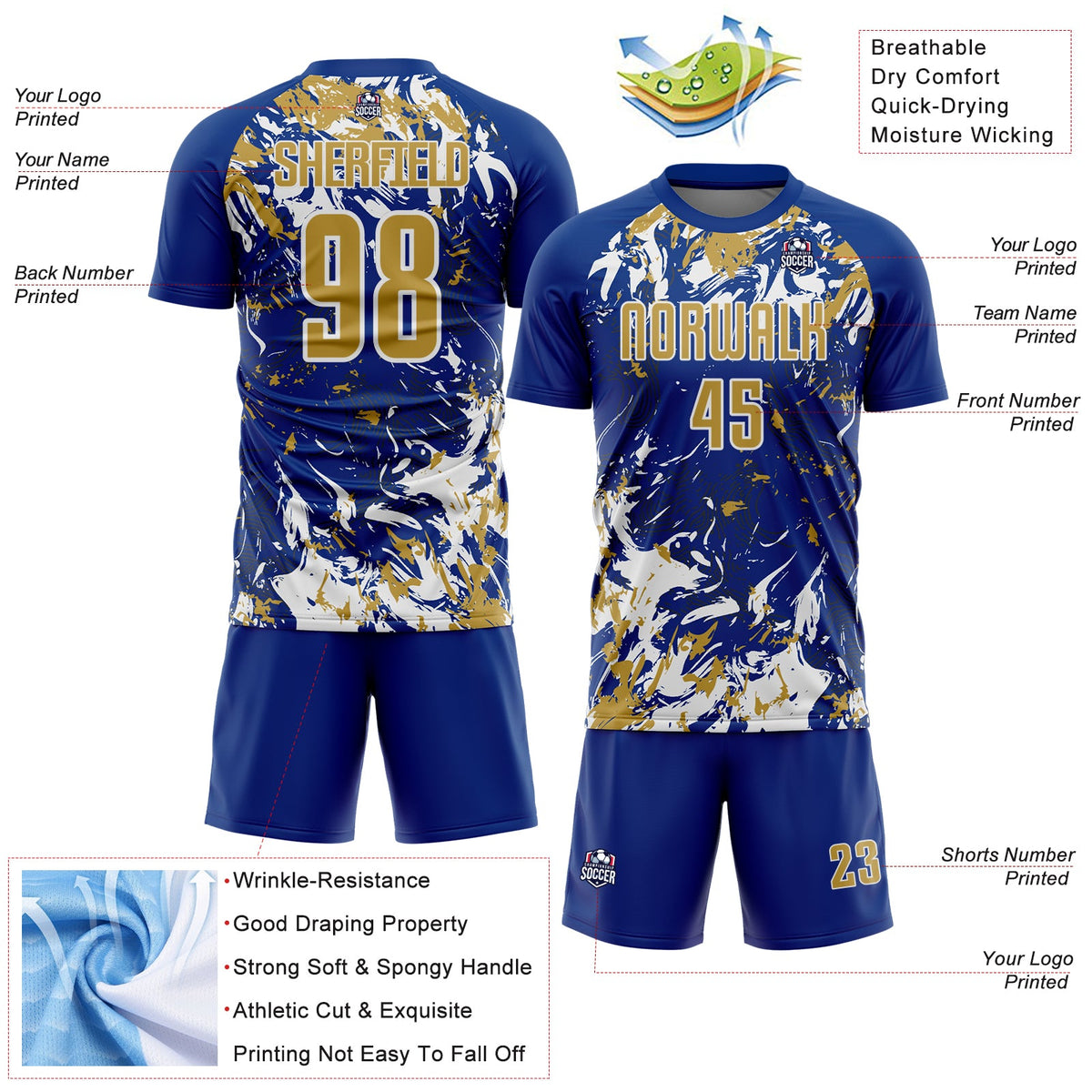 Custom Royal Old Gold-White Fluid Art Splash Sublimation Soccer Uniform Jersey Limited