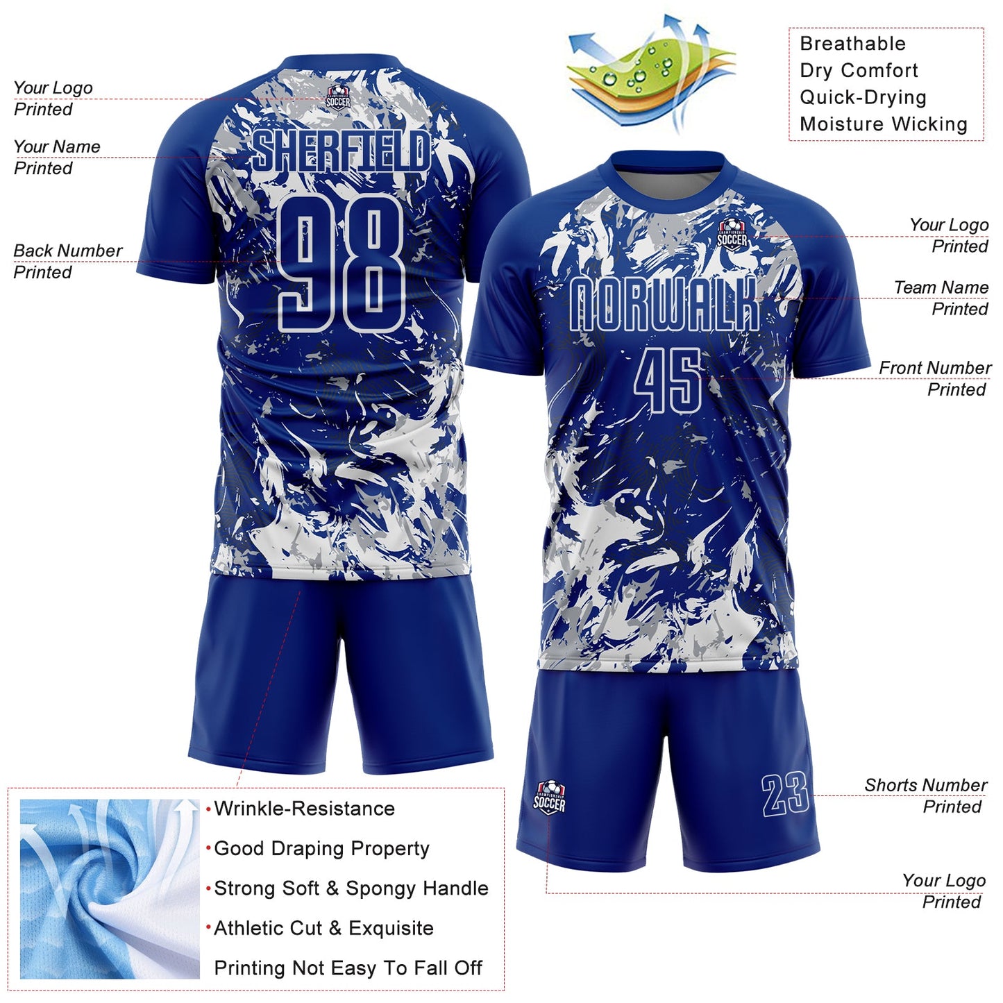 Custom Royal Gray-White Fluid Art Splash Sublimation Soccer Uniform Jersey Limited