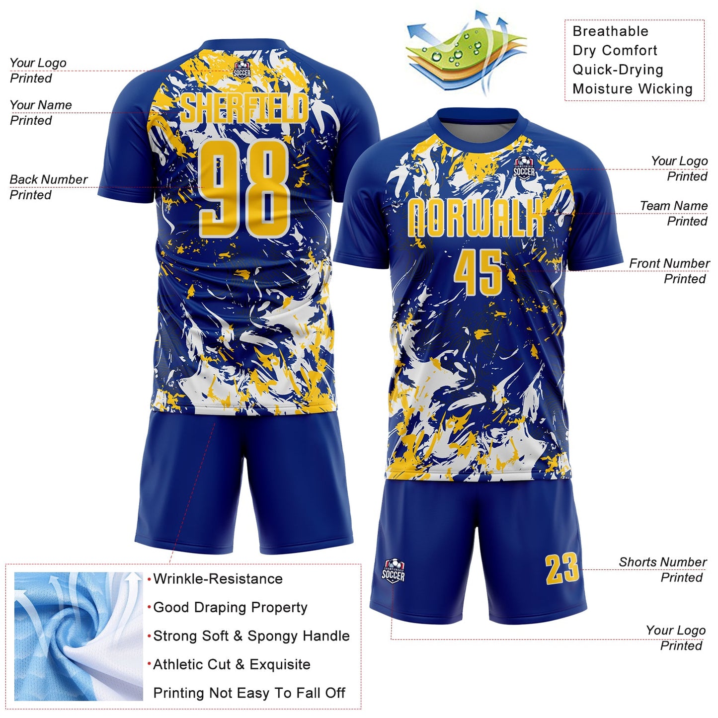 Custom Royal Yellow-White Fluid Art Splash Sublimation Soccer Uniform Jersey Limited