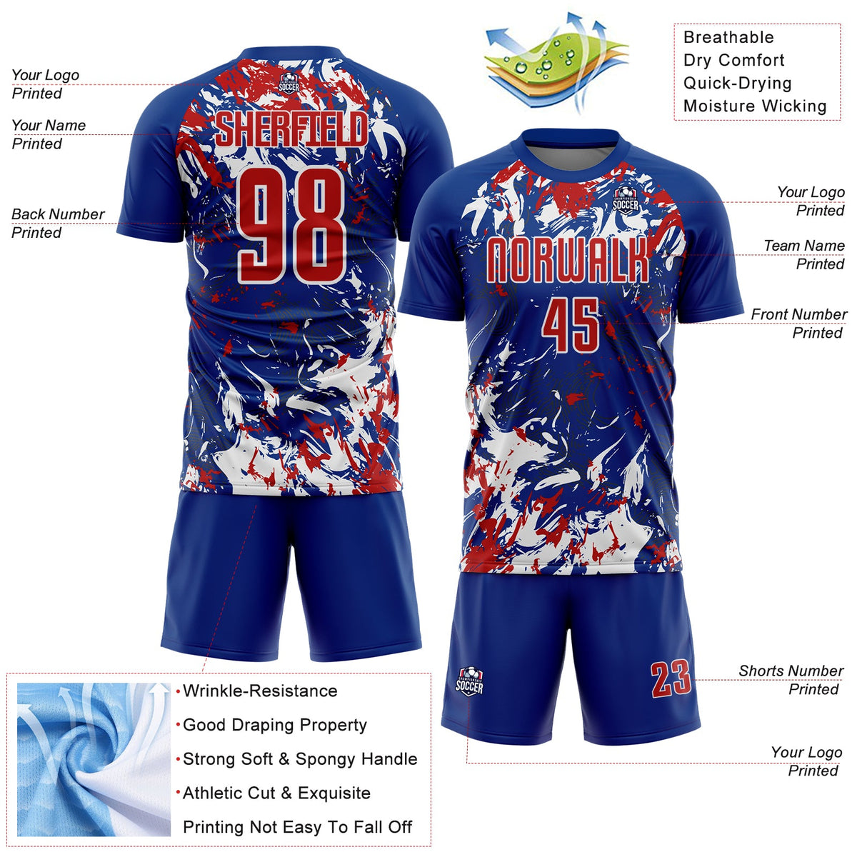 Custom Royal Red-White Fluid Art Splash Sublimation Soccer Uniform Jersey Limited