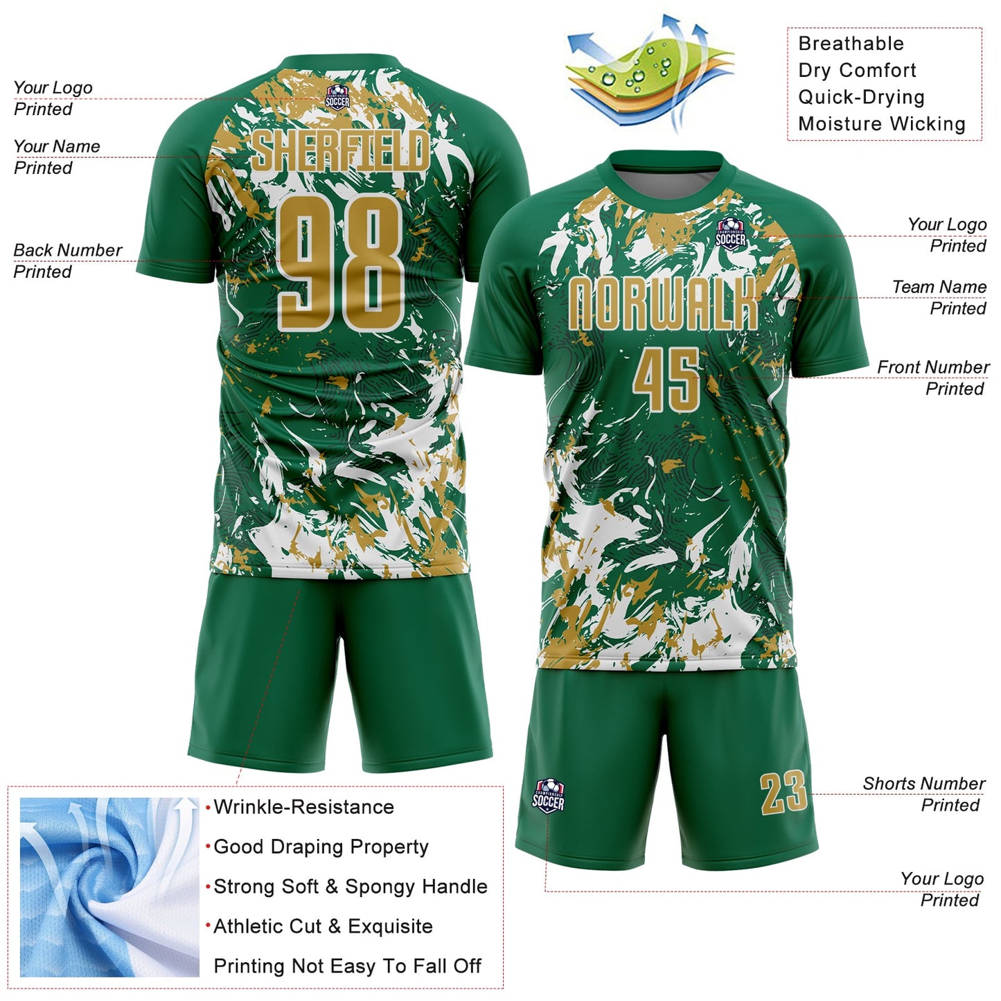 Custom Kelly Green Old Gold-White Fluid Art Splash Sublimation Soccer Uniform Jersey Limited