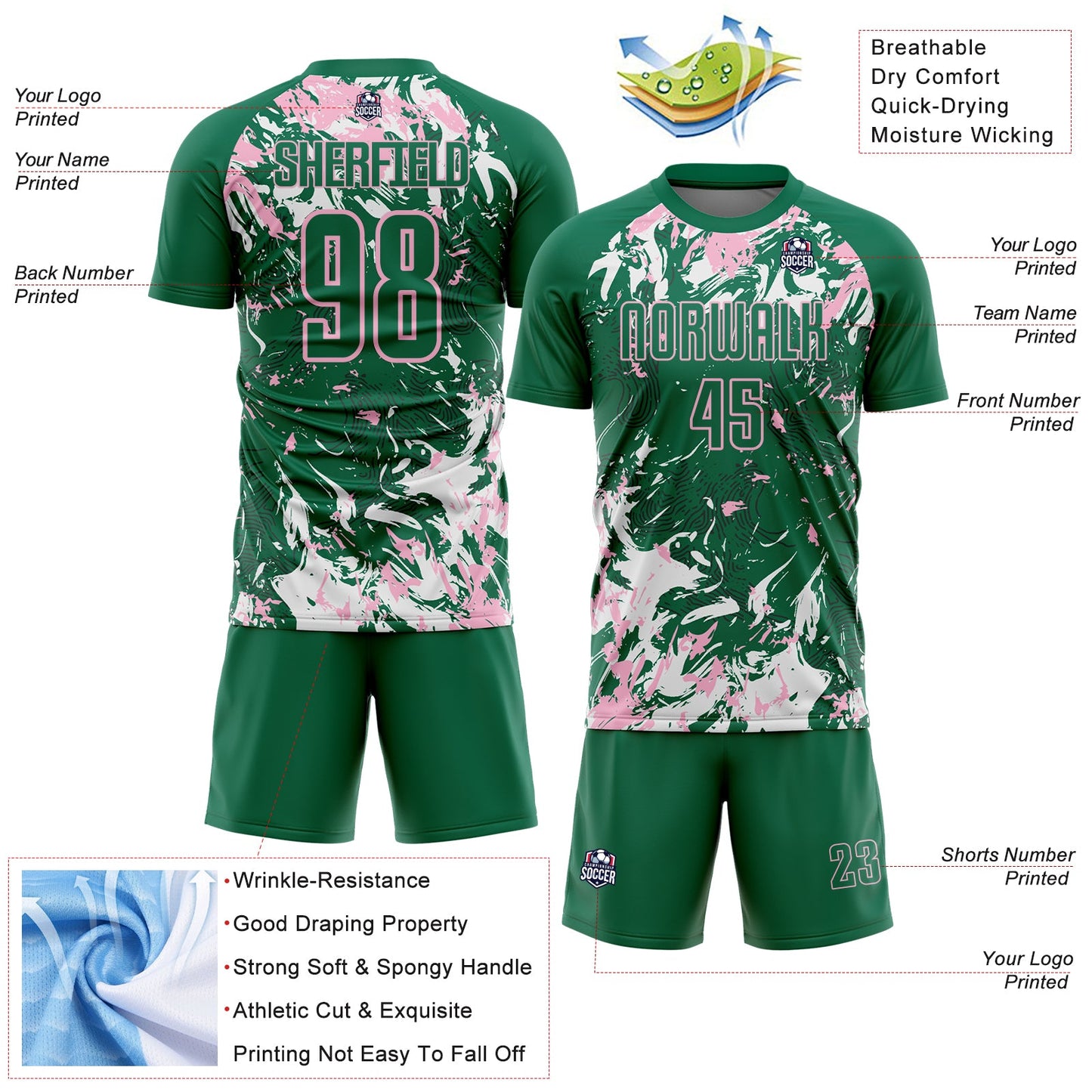 Custom Kelly Green Light Pink-White Fluid Art Splash Sublimation Soccer Uniform Jersey Limited