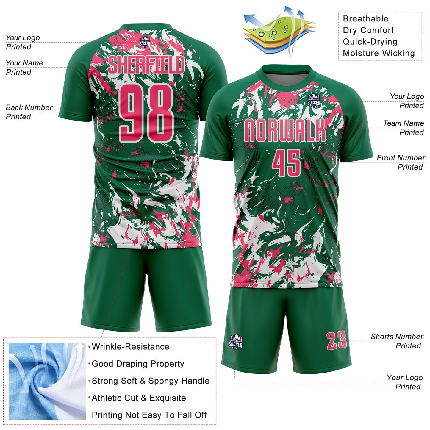 Custom Kelly Green Neon Pink-White Fluid Art Splash Sublimation Soccer Uniform Jersey Limited