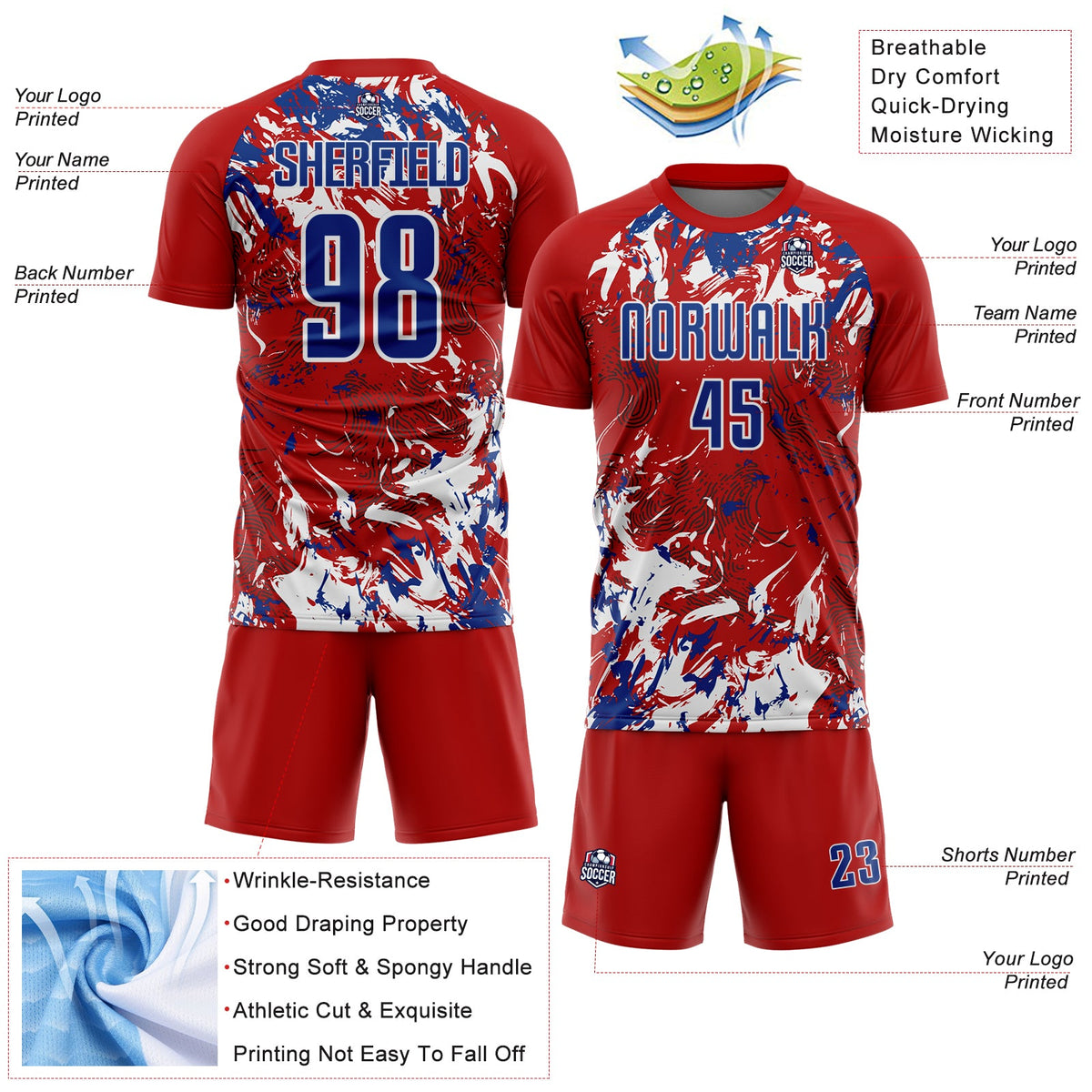 Custom Red Royal-White Fluid Art Splash Sublimation Soccer Uniform Jersey Limited