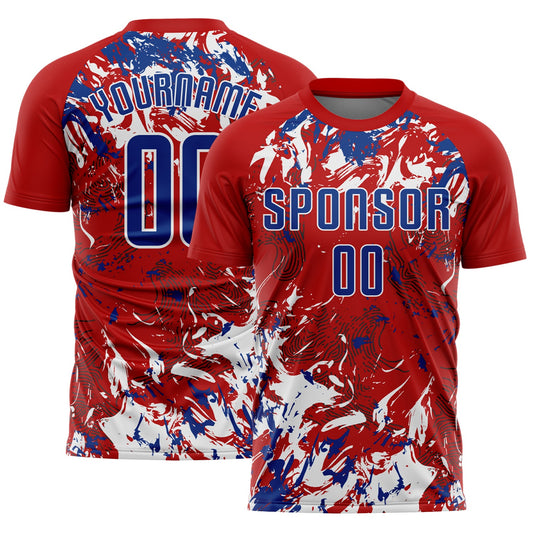 Custom Red Royal-White Fluid Art Splash Sublimation Soccer Uniform Jersey