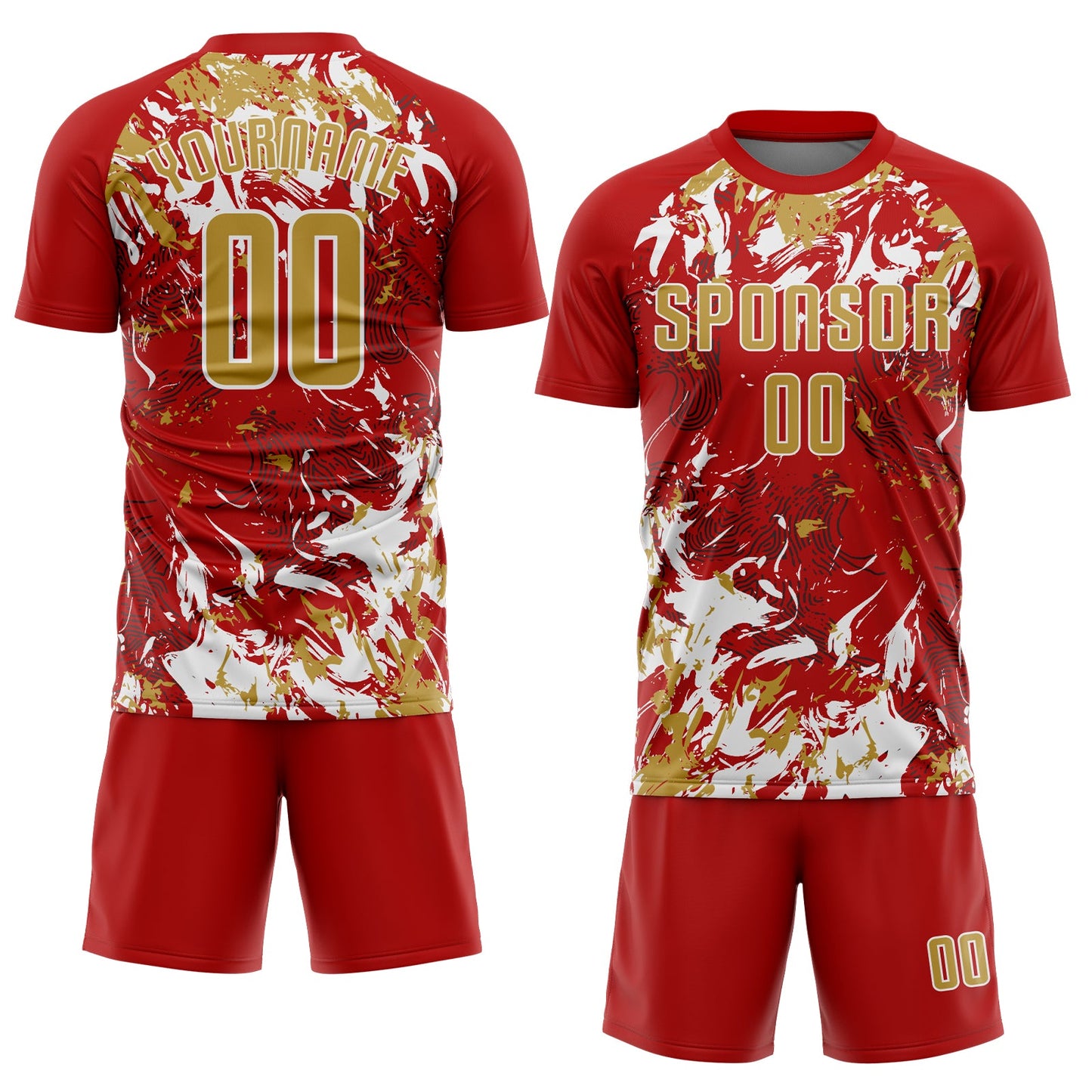 Custom Red Old Gold-White Fluid Art Splash Sublimation Soccer Uniform Jersey Limited