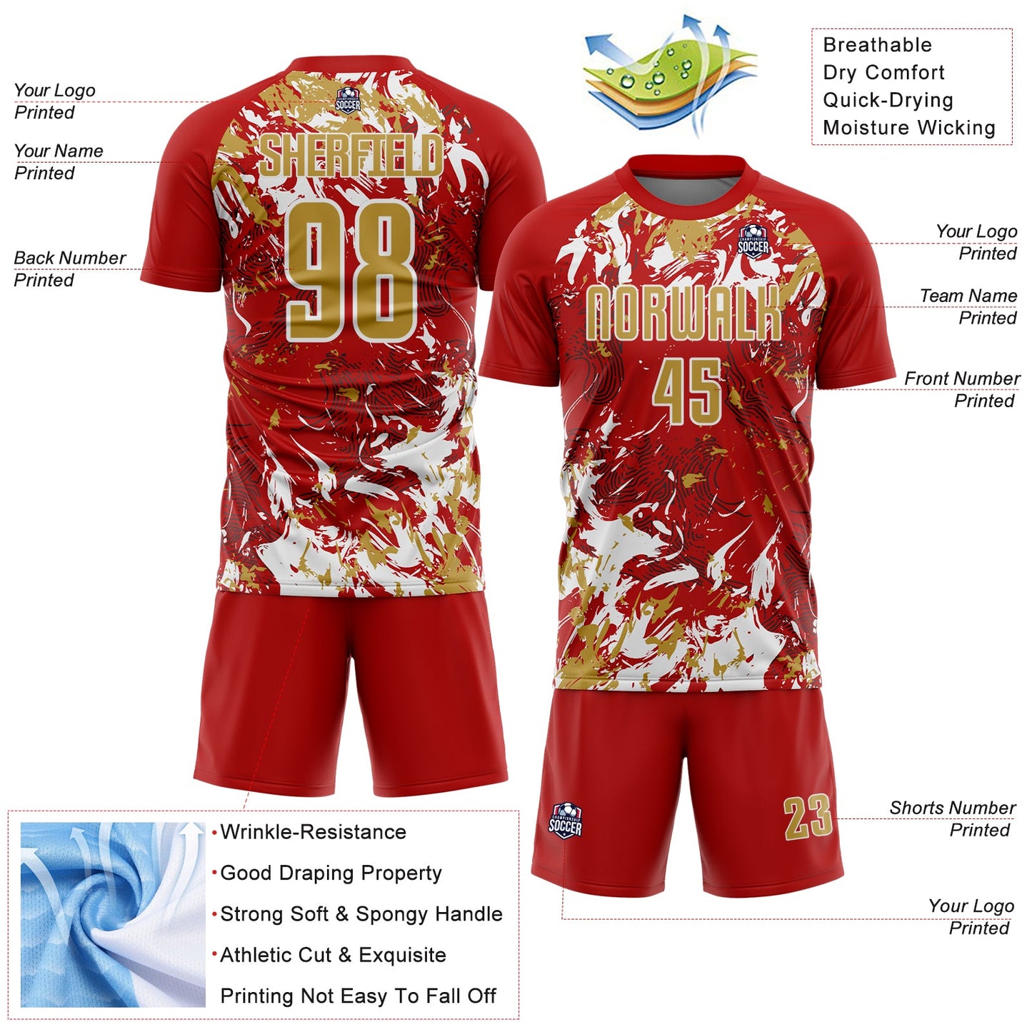 Custom Red Old Gold-White Fluid Art Splash Sublimation Soccer Uniform Jersey Limited