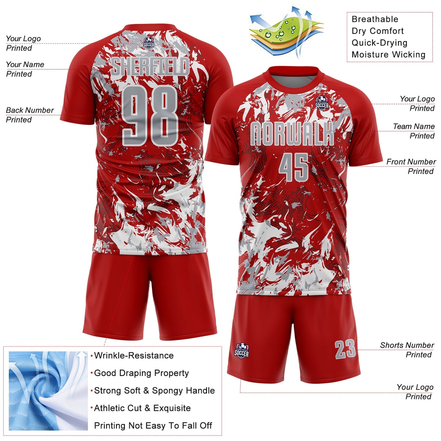 Custom Red Gray-White Fluid Art Splash Sublimation Soccer Uniform Jersey Limited