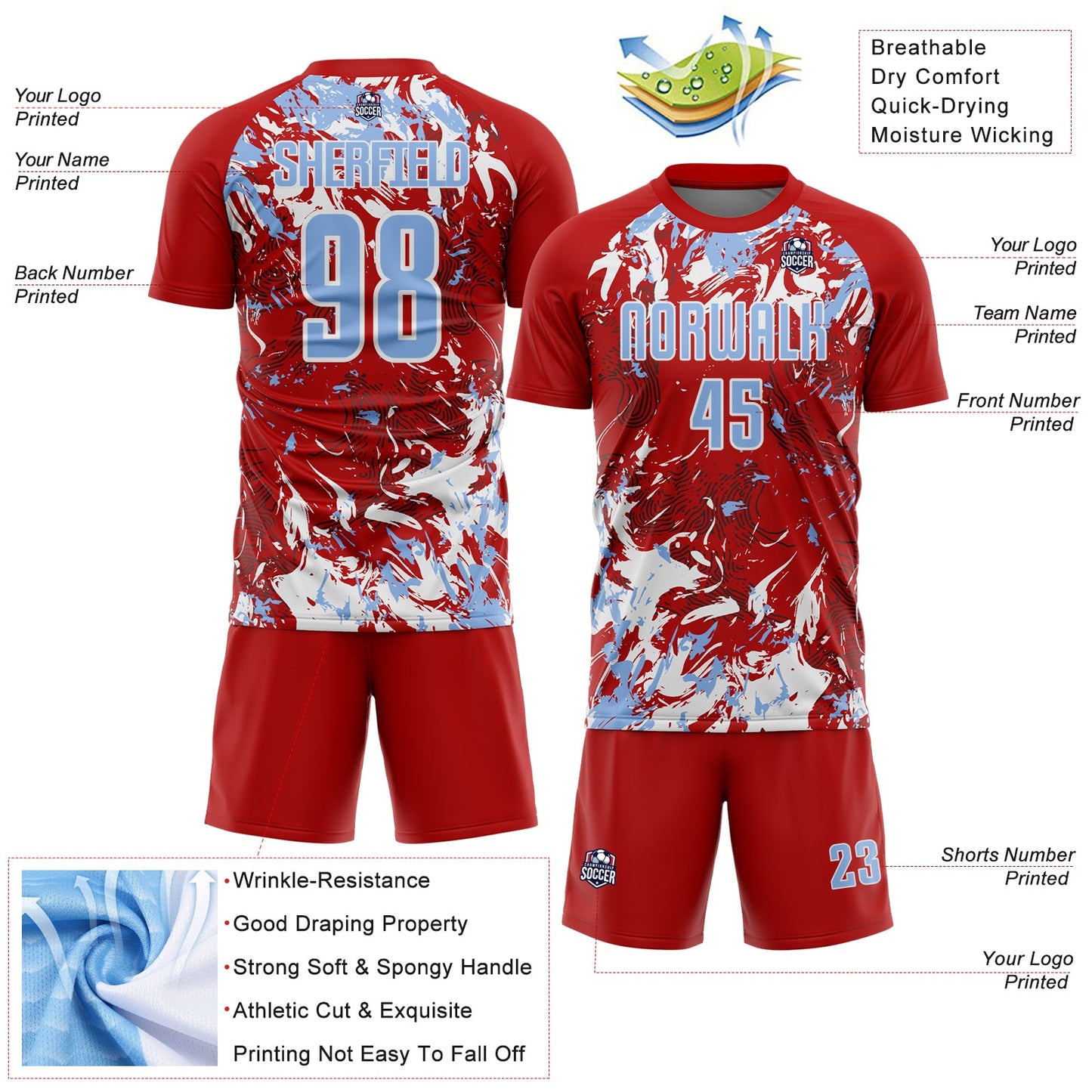 Custom Red Light Blue-White Fluid Art Splash Sublimation Soccer Uniform Jersey Limited