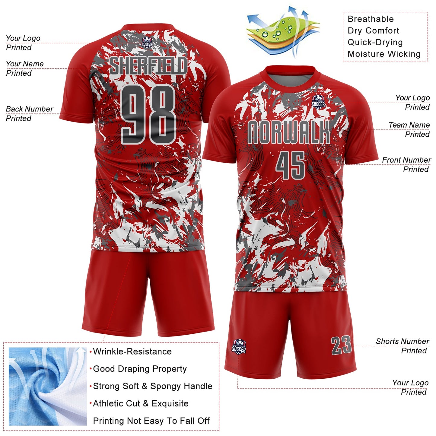 Custom Red Steel Gray-White Fluid Art Splash Sublimation Soccer Uniform Jersey Limited