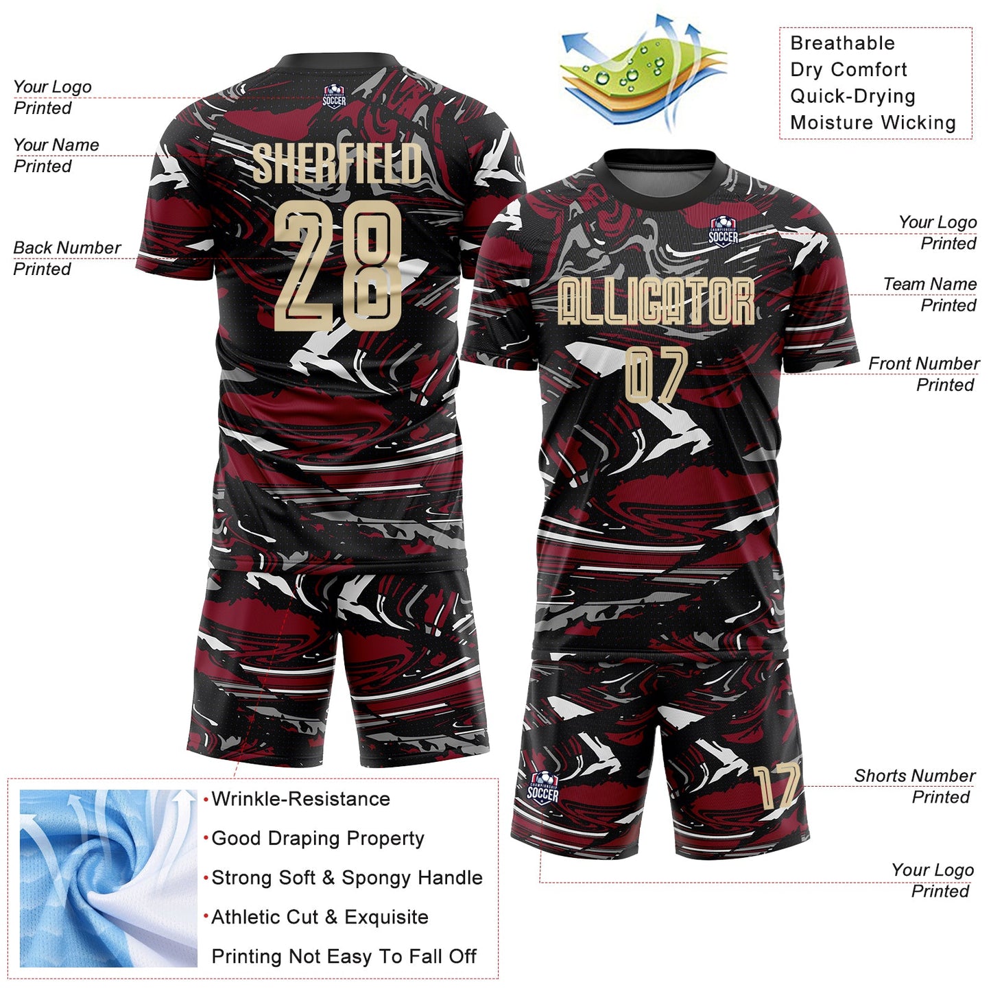 Custom Figure Cream Black-Crimson Fluid Art Splash Sublimation Soccer Uniform Jersey Limited