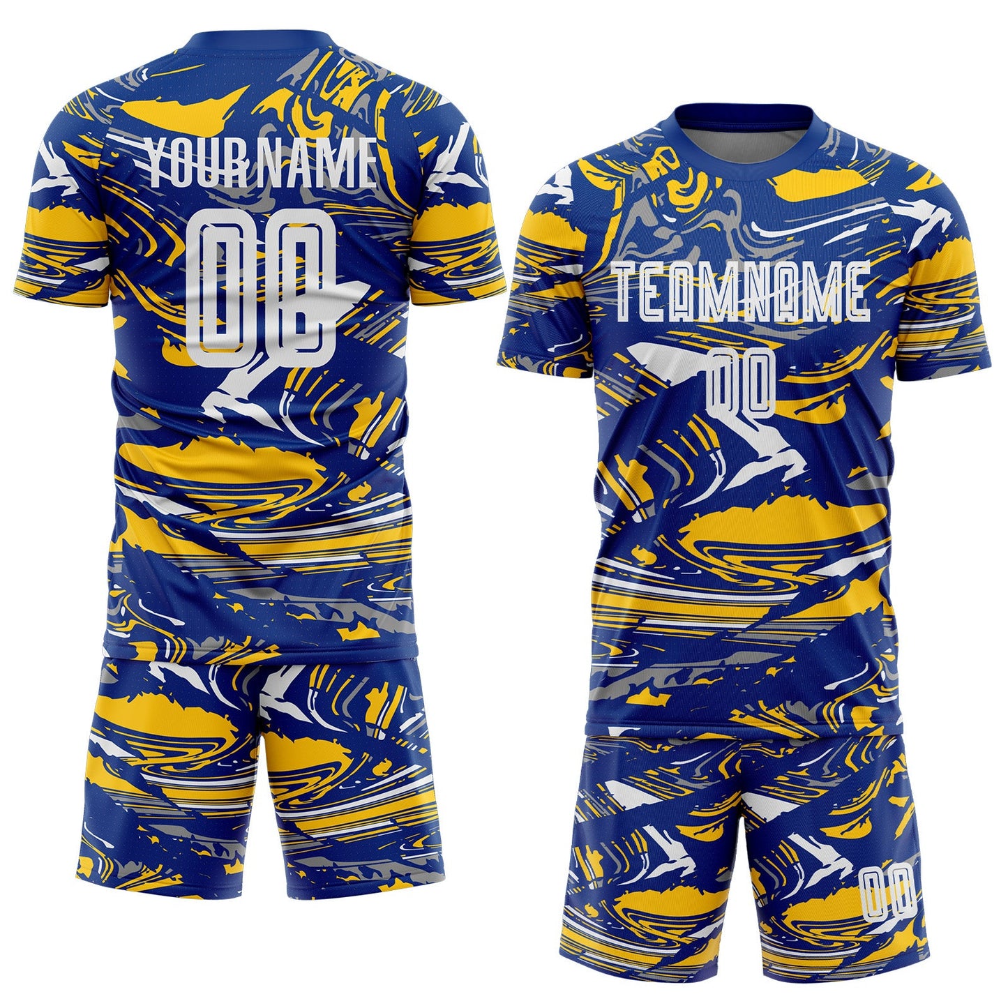 Custom Figure White Royal-Yellow Fluid Art Splash Sublimation Soccer Uniform Jersey Limited