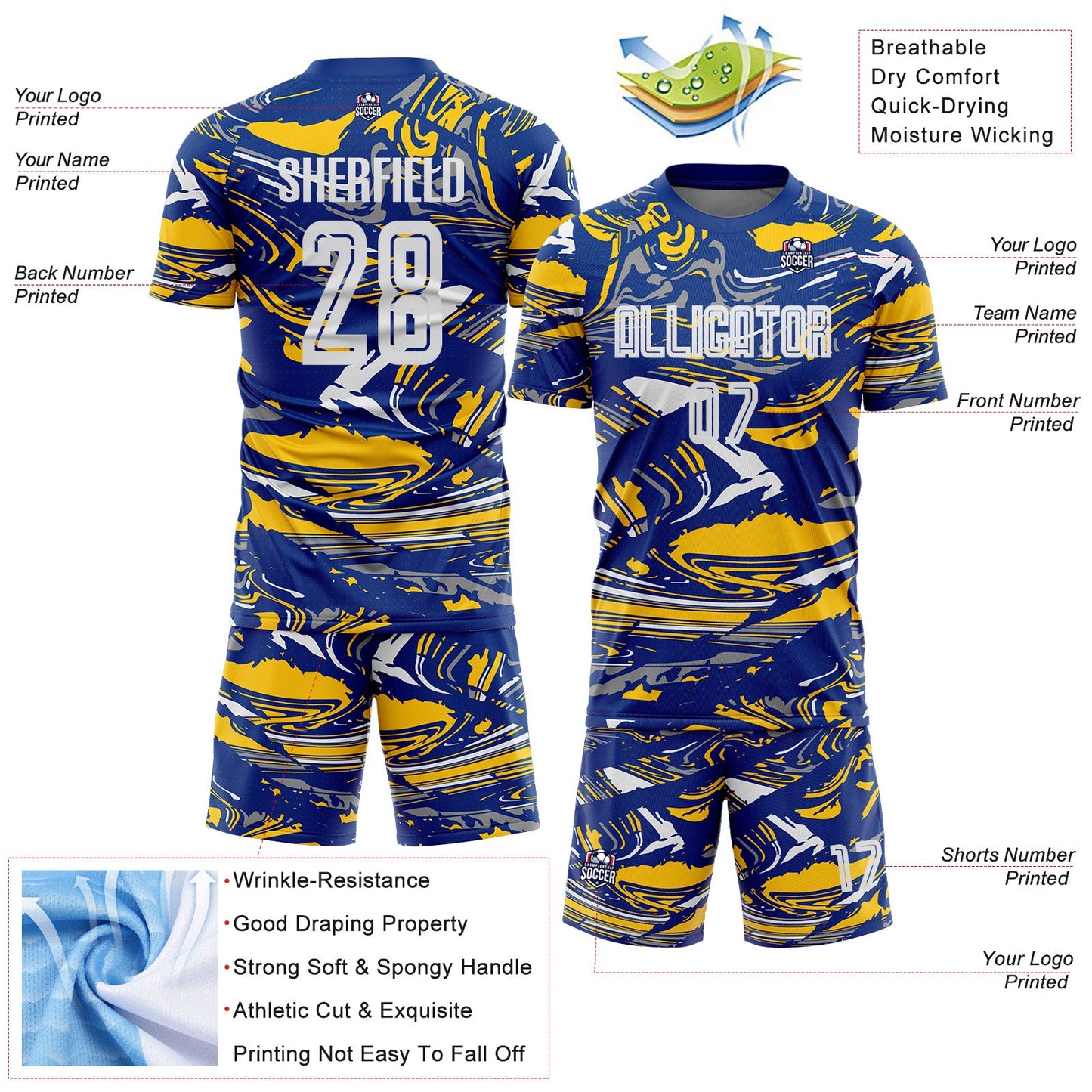 Custom Figure White Royal-Yellow Fluid Art Splash Sublimation Soccer Uniform Jersey Limited