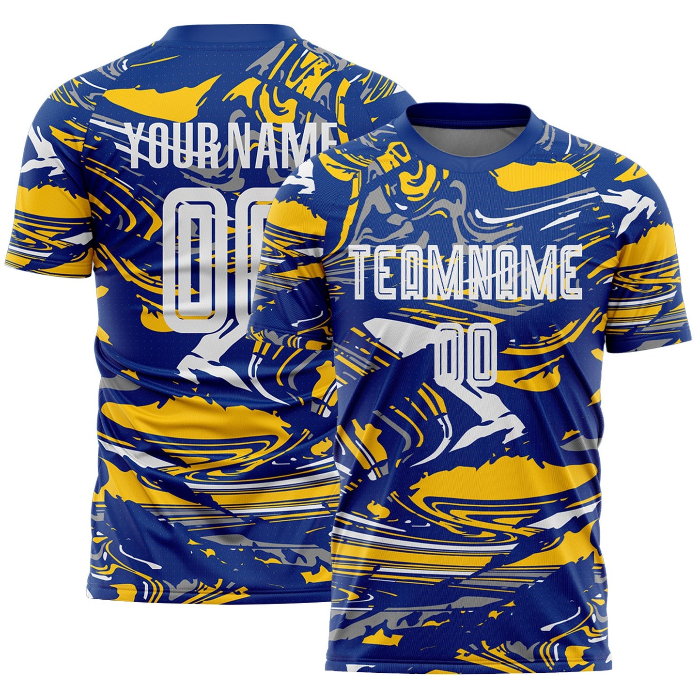 Custom Figure White Royal-Yellow Fluid Art Splash Sublimation Soccer Uniform Jersey