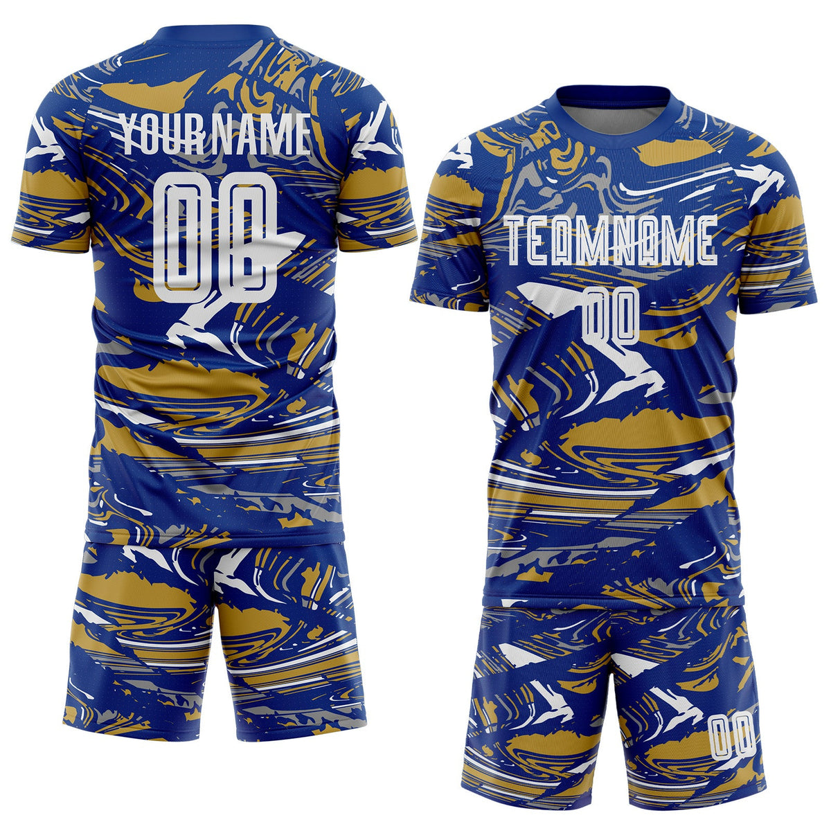 Custom Figure White Royal-Old Gold Fluid Art Splash Sublimation Soccer Uniform Jersey Limited