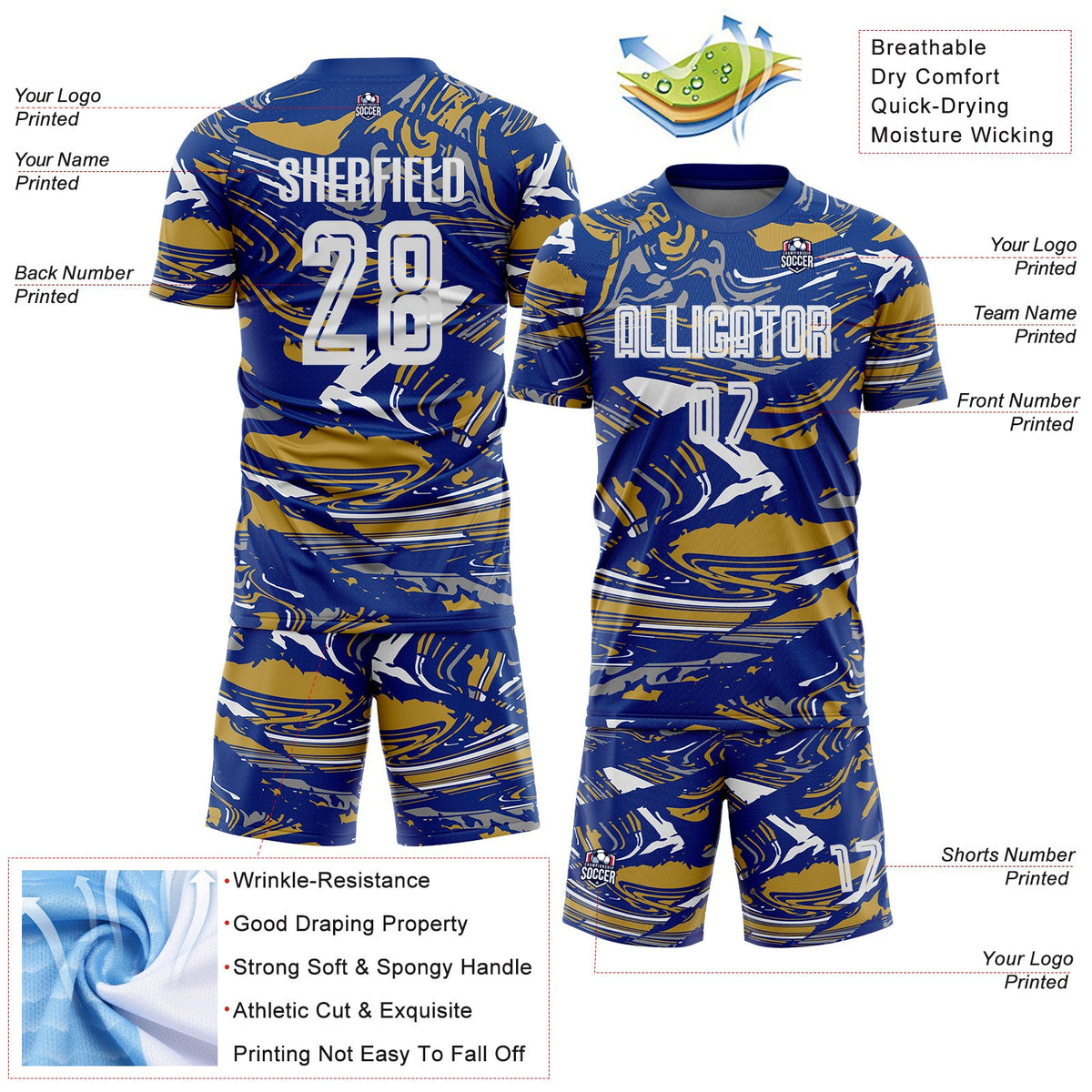 Custom Figure White Royal-Old Gold Fluid Art Splash Sublimation Soccer Uniform Jersey Limited