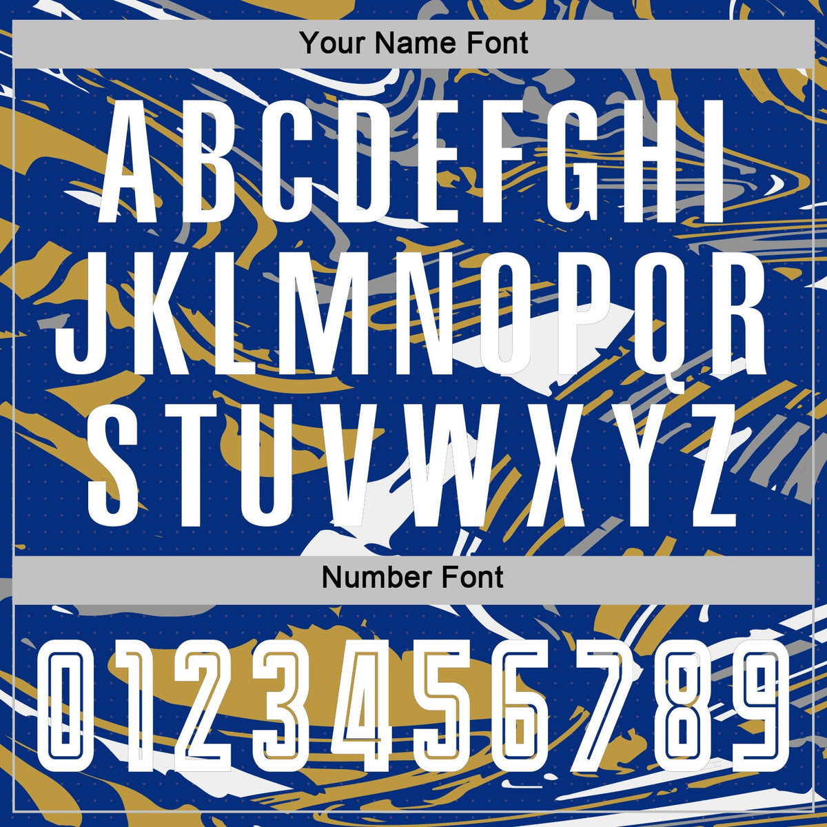 Custom Figure White Royal-Old Gold Fluid Art Splash Sublimation Soccer Uniform Jersey Limited