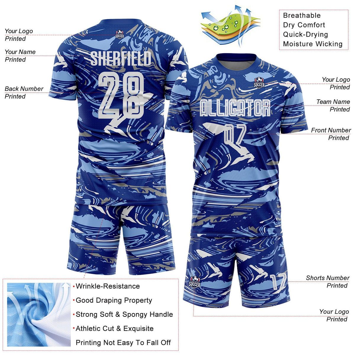 Custom Figure White Royal-Light Blue Fluid Art Splash Sublimation Soccer Uniform Jersey Limited