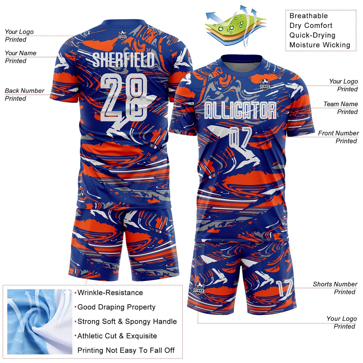 Custom Figure White Royal-Orange Fluid Art Splash Sublimation Soccer Uniform Jersey Limited