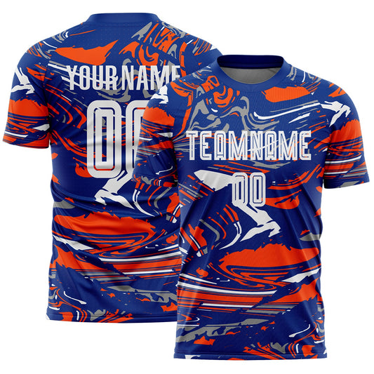 Custom Figure White Royal-Orange Fluid Art Splash Sublimation Soccer Uniform Jersey
