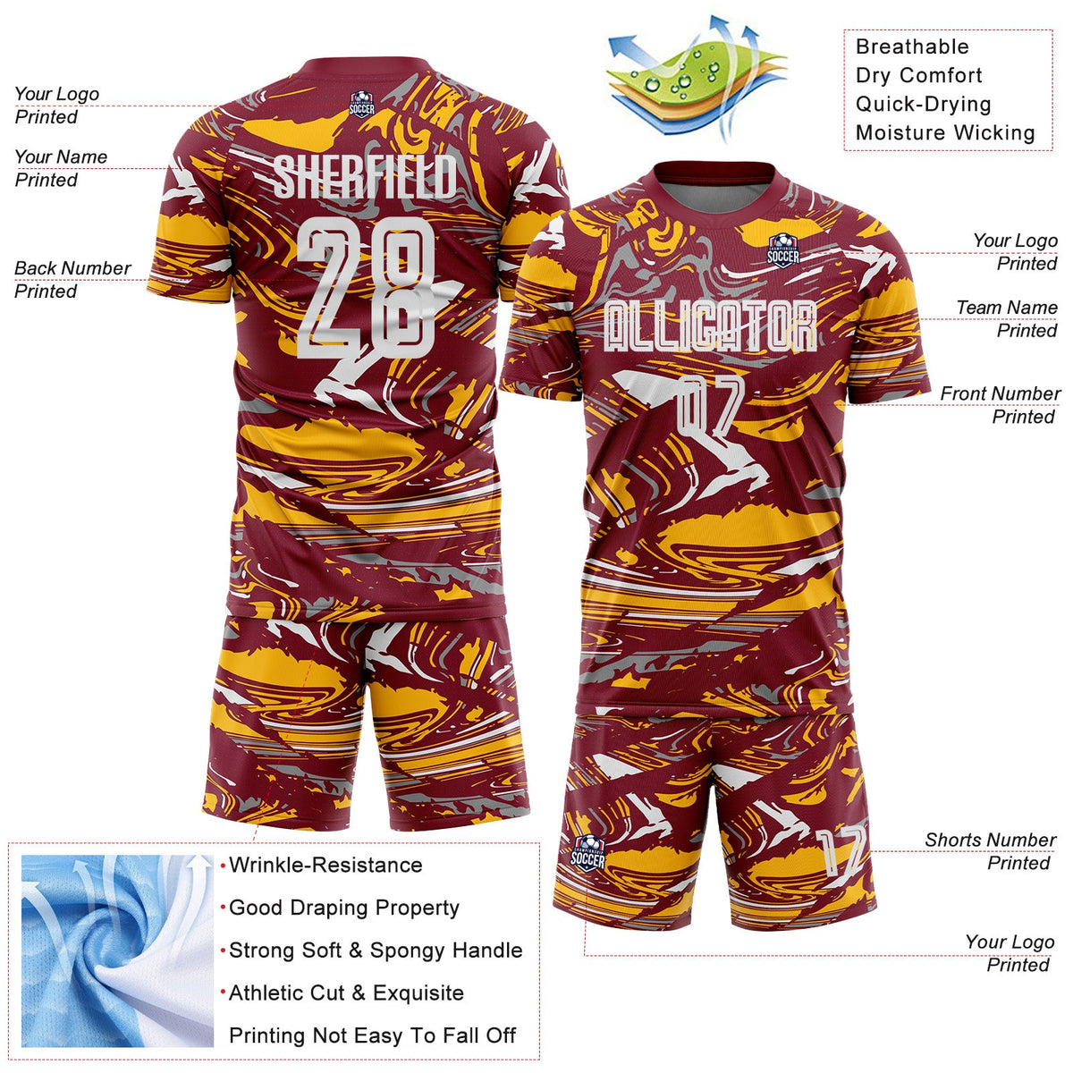Custom Figure White Crimson-Gold Fluid Art Splash Sublimation Soccer Uniform Jersey Limited