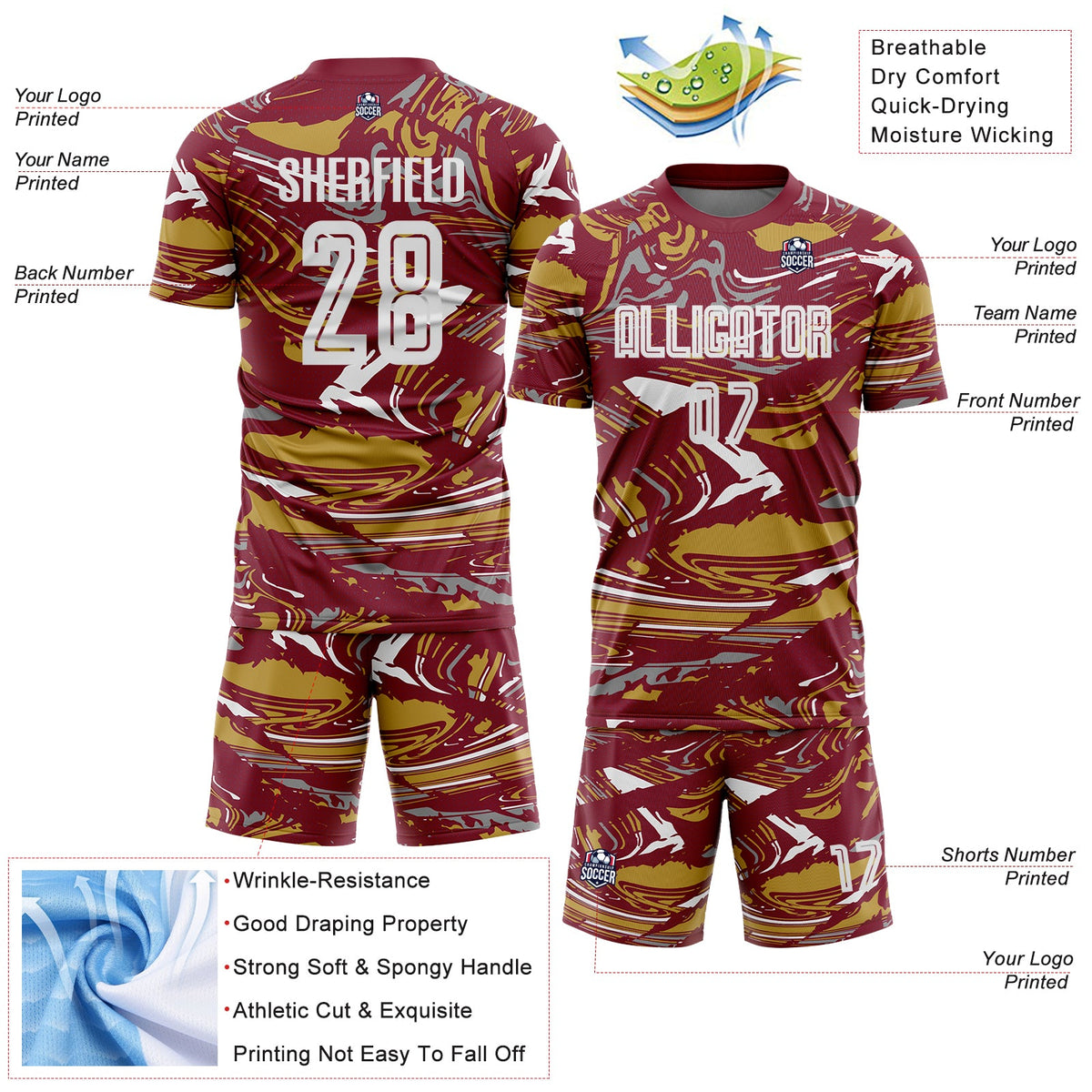Custom Figure White Crimson-Old Gold Fluid Art Splash Sublimation Soccer Uniform Jersey Limited