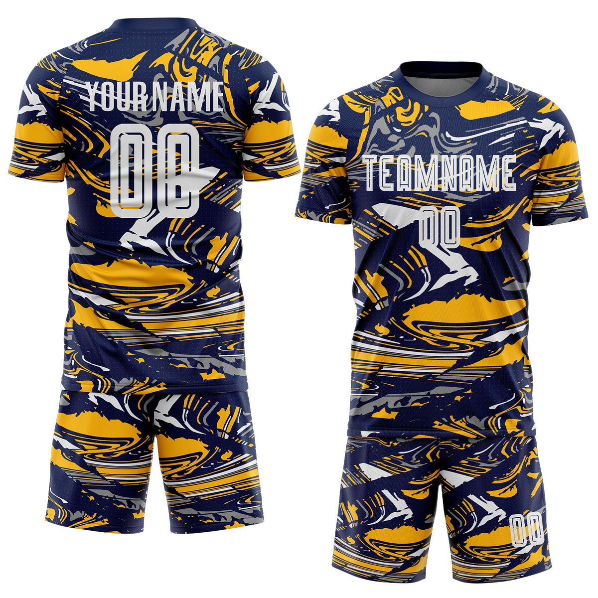 Custom Figure White Navy-Gold Fluid Art Splash Sublimation Soccer Uniform Jersey Limited