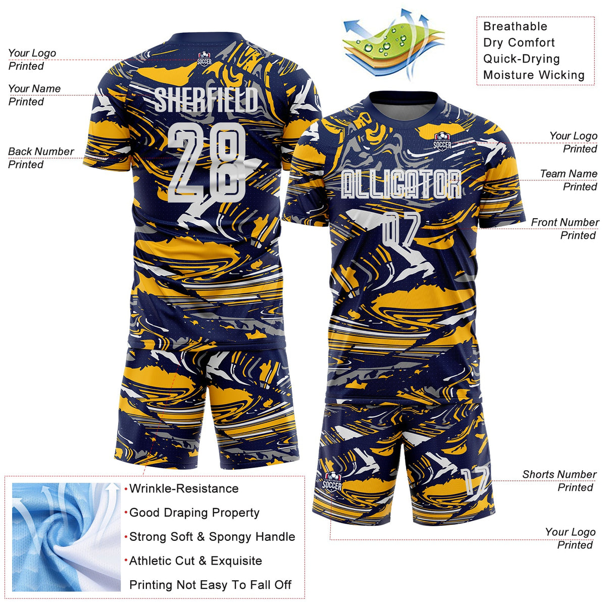 Custom Figure White Navy-Gold Fluid Art Splash Sublimation Soccer Uniform Jersey Limited