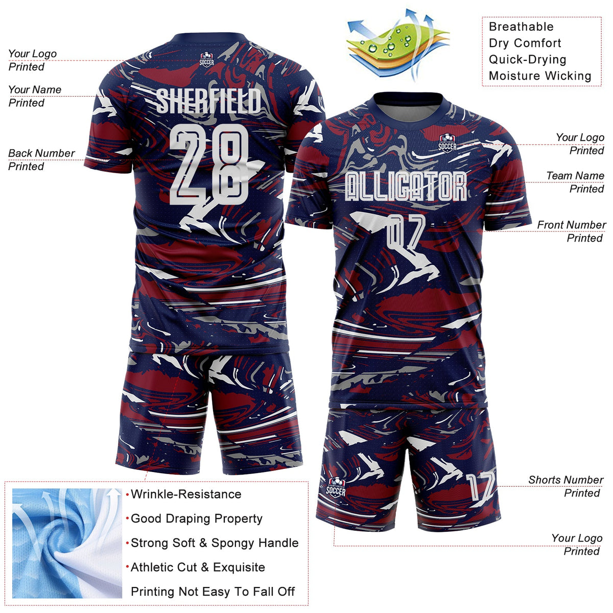 Custom Figure White Navy-Crimson Fluid Art Splash Sublimation Soccer Uniform Jersey Limited