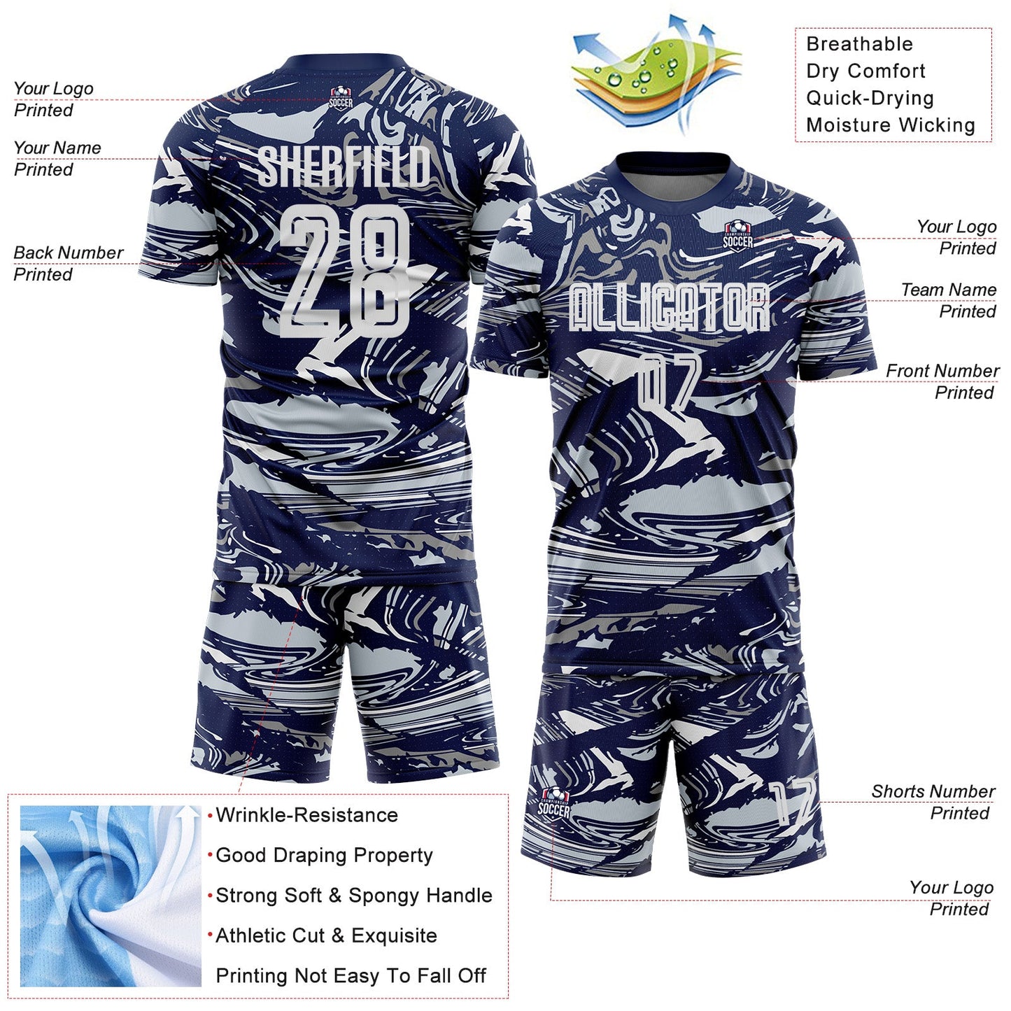 Custom Figure White Navy-Silver Fluid Art Splash Sublimation Soccer Uniform Jersey Limited