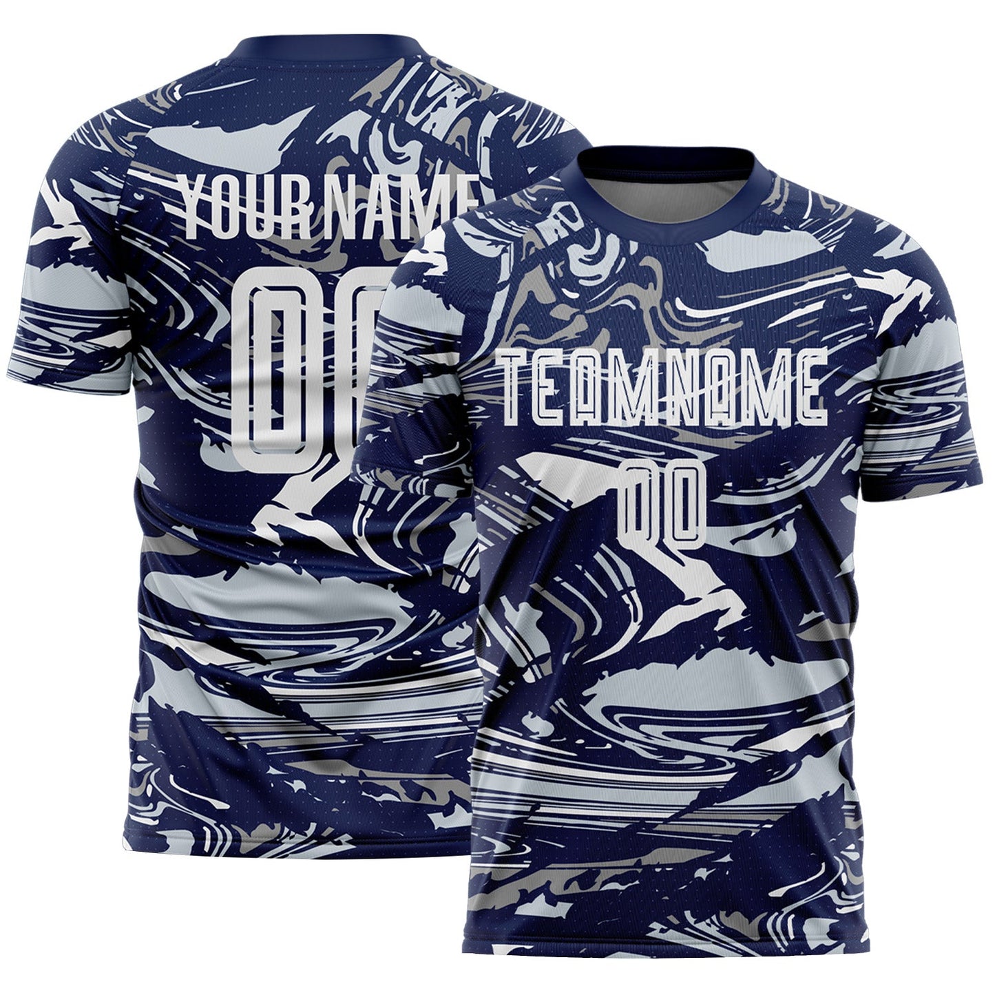 Custom Figure White Navy-Silver Fluid Art Splash Sublimation Soccer Uniform Jersey