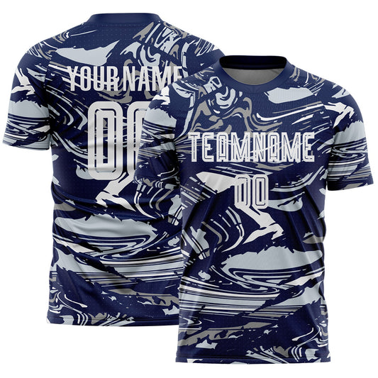 Custom Figure White Navy-Silver Fluid Art Splash Sublimation Soccer Uniform Jersey