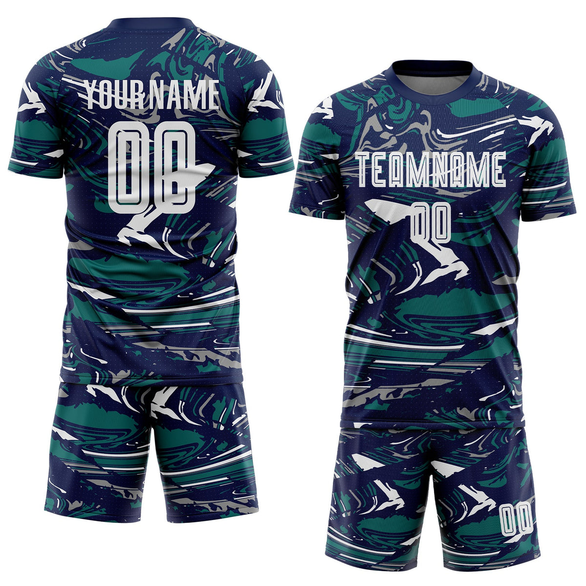 Custom Figure White Navy-Teal Fluid Art Splash Sublimation Soccer Uniform Jersey Limited