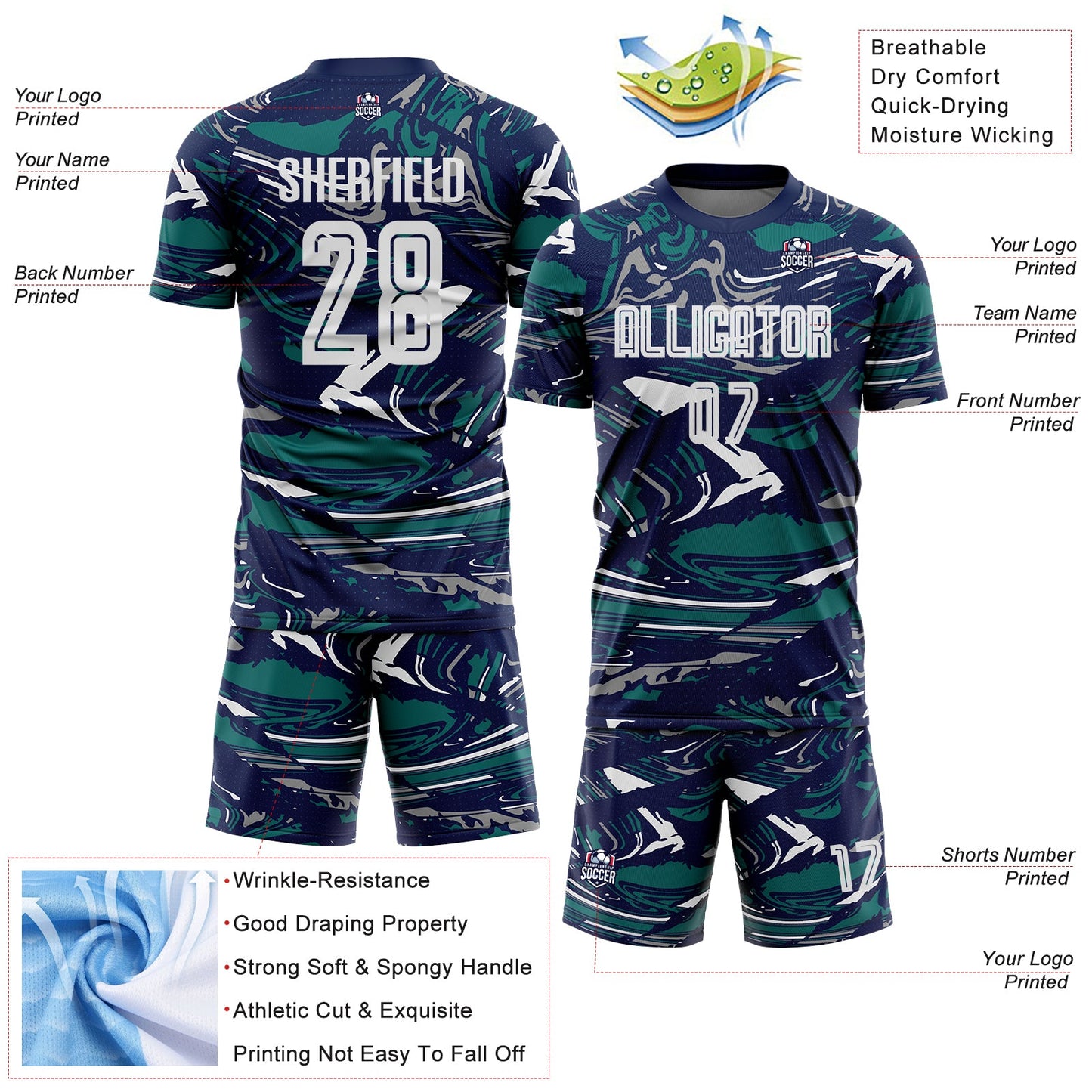 Custom Figure White Navy-Teal Fluid Art Splash Sublimation Soccer Uniform Jersey Limited