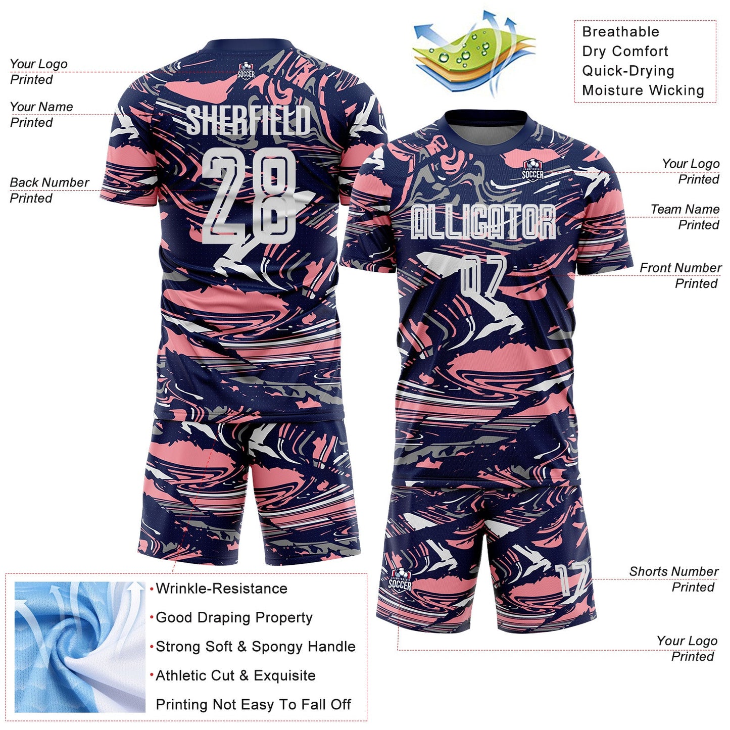 Custom Figure White Navy-Medium Pink Fluid Art Splash Sublimation Soccer Uniform Jersey Limited