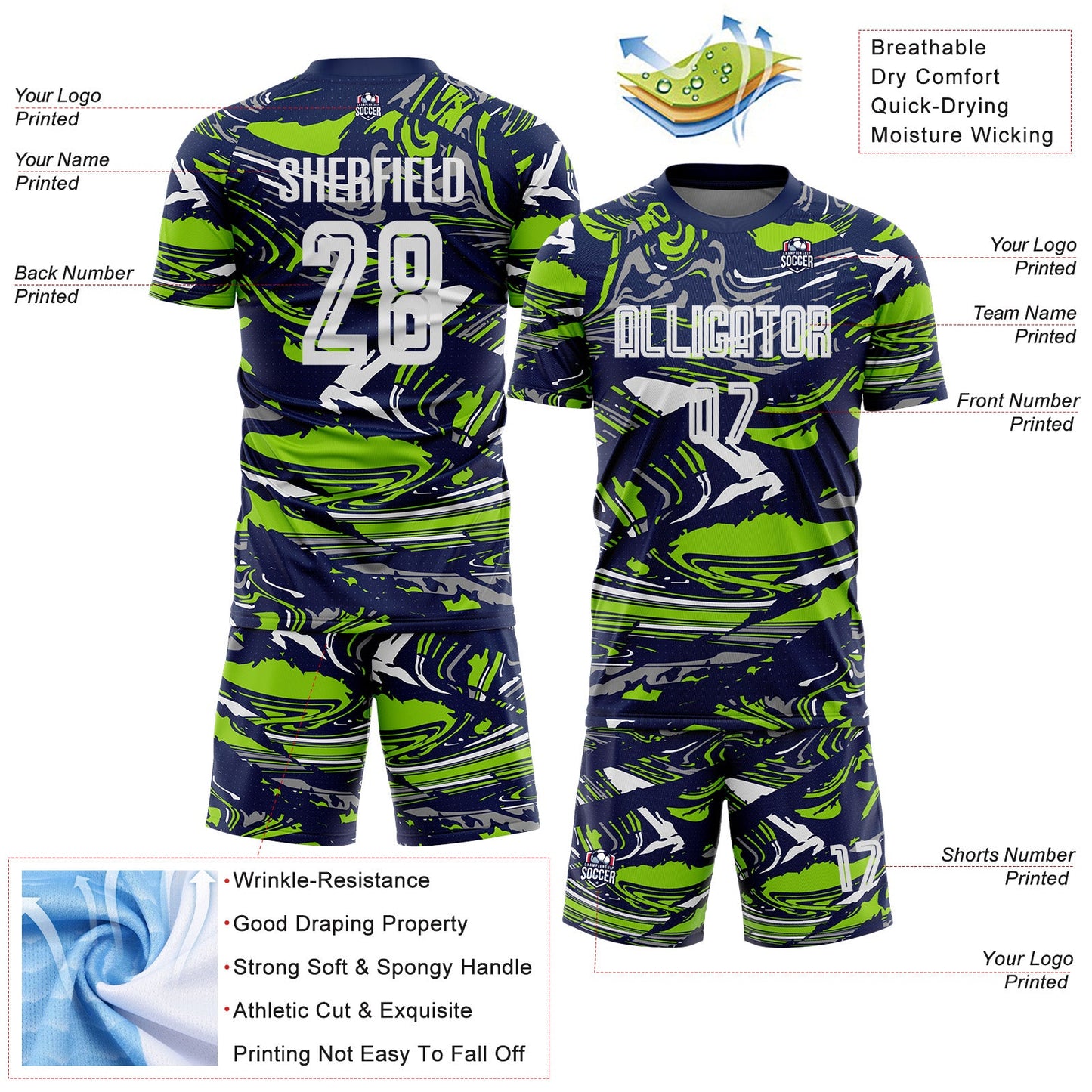 Custom Figure White Navy-Neon Green Fluid Art Splash Sublimation Soccer Uniform Jersey Limited