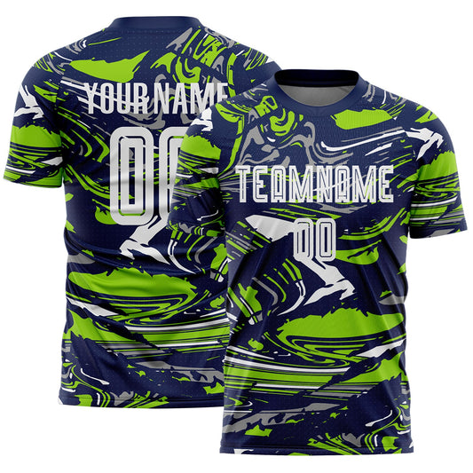Custom Figure White Navy-Neon Green Fluid Art Splash Sublimation Soccer Uniform Jersey