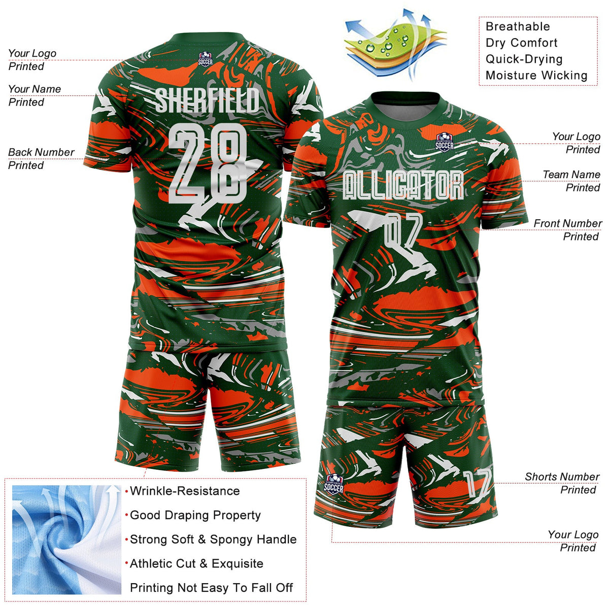Custom Figure White Green-Orange Fluid Art Splash Sublimation Soccer Uniform Jersey Limited