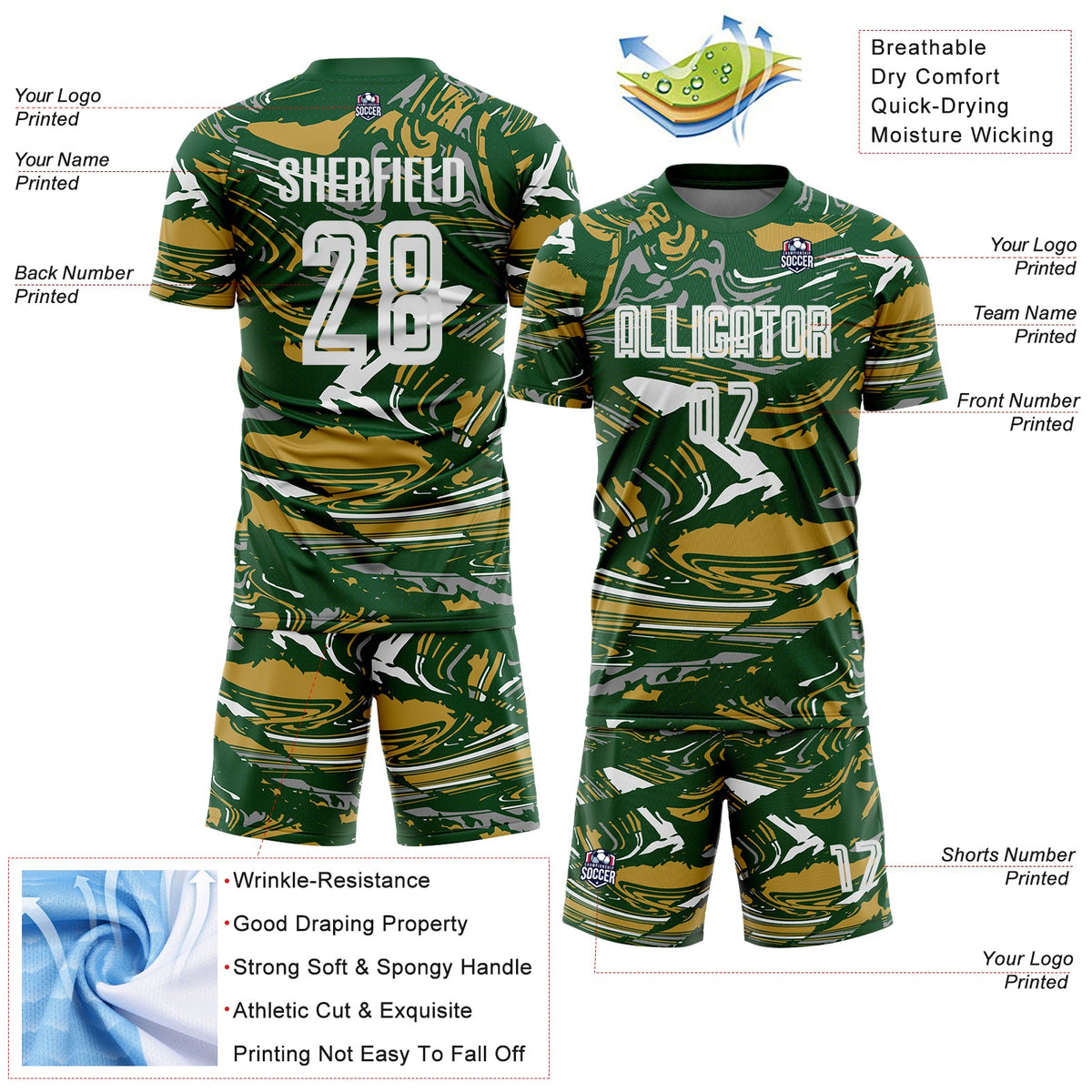 Custom Figure White Green-Old Gold Fluid Art Splash Sublimation Soccer Uniform Jersey Limited