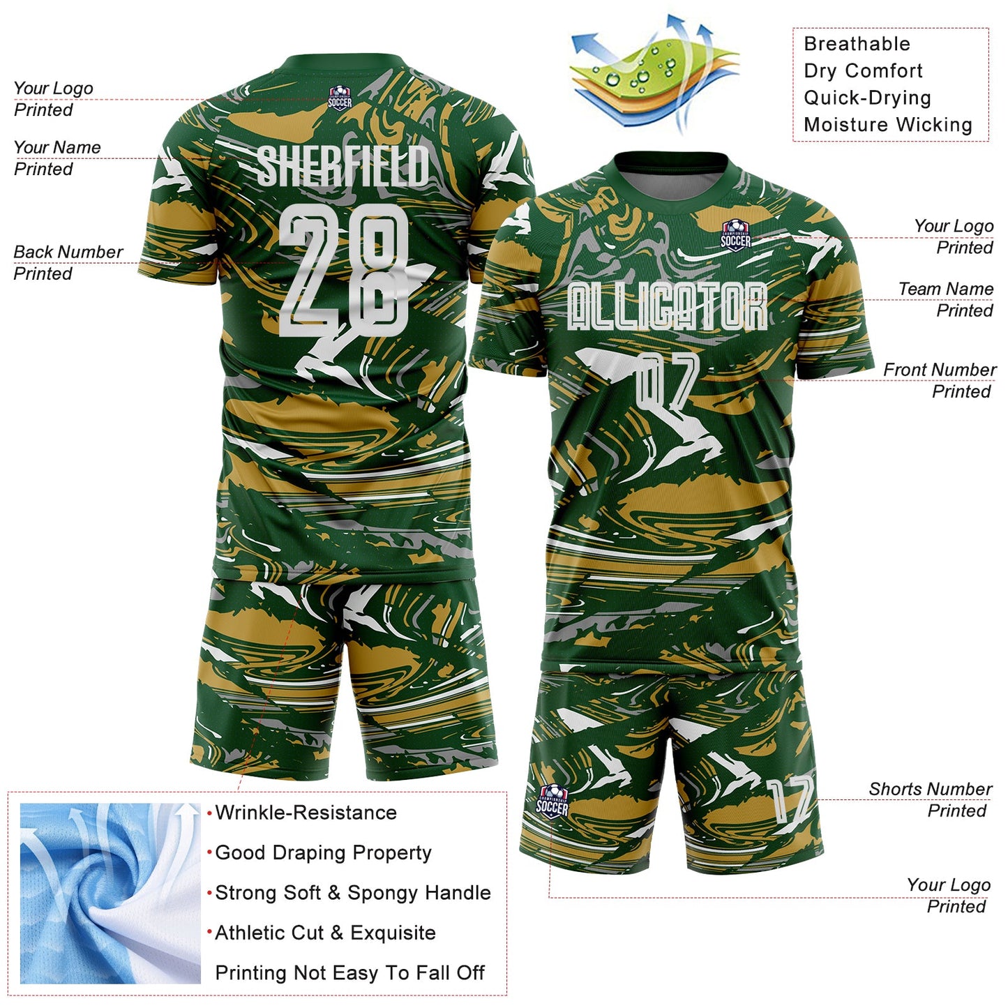 Custom Figure White Green-Old Gold Fluid Art Splash Sublimation Soccer Uniform Jersey Limited