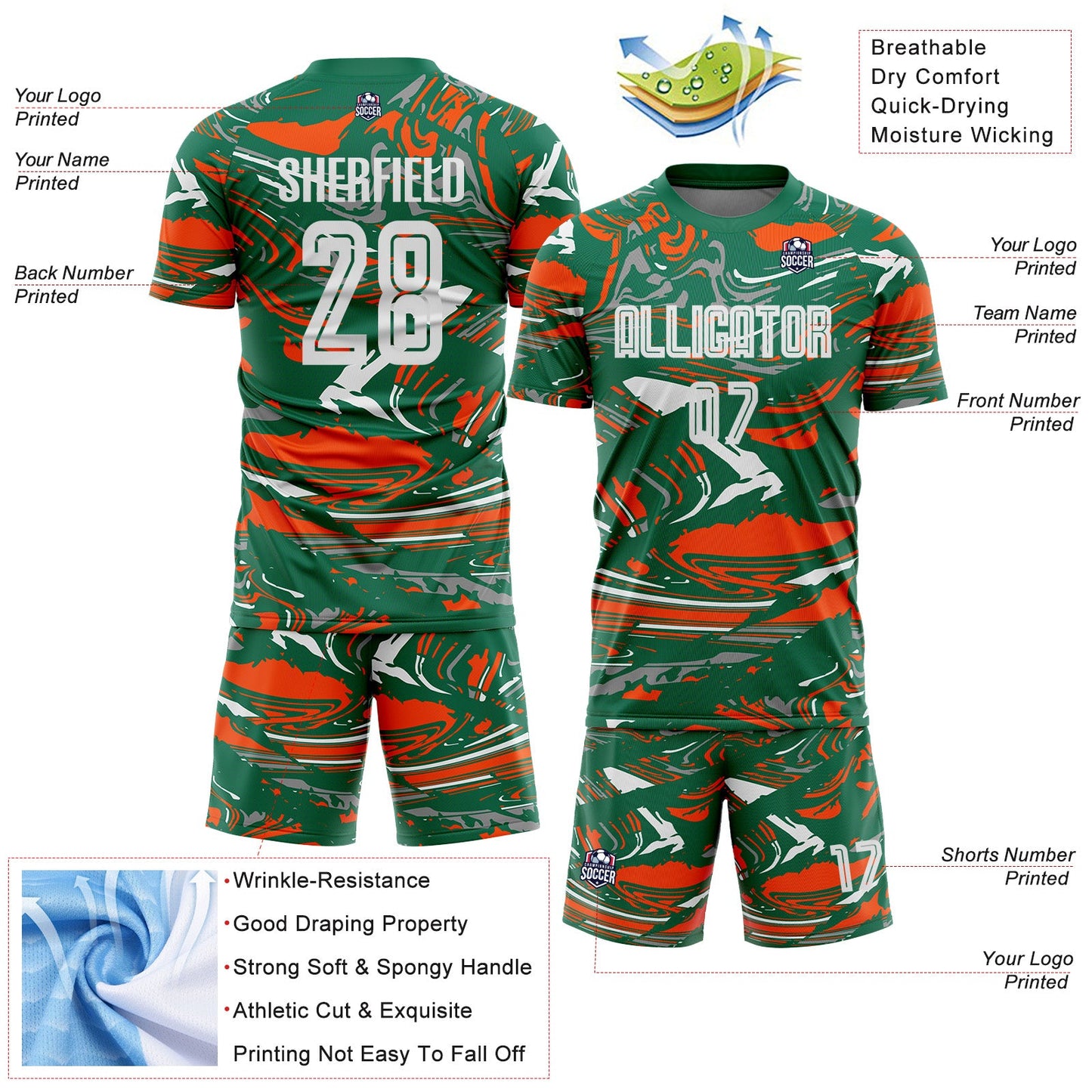 Custom Figure White Kelly Green-Orang Fluid Art Splash Sublimation Soccer Uniform Jersey Limited