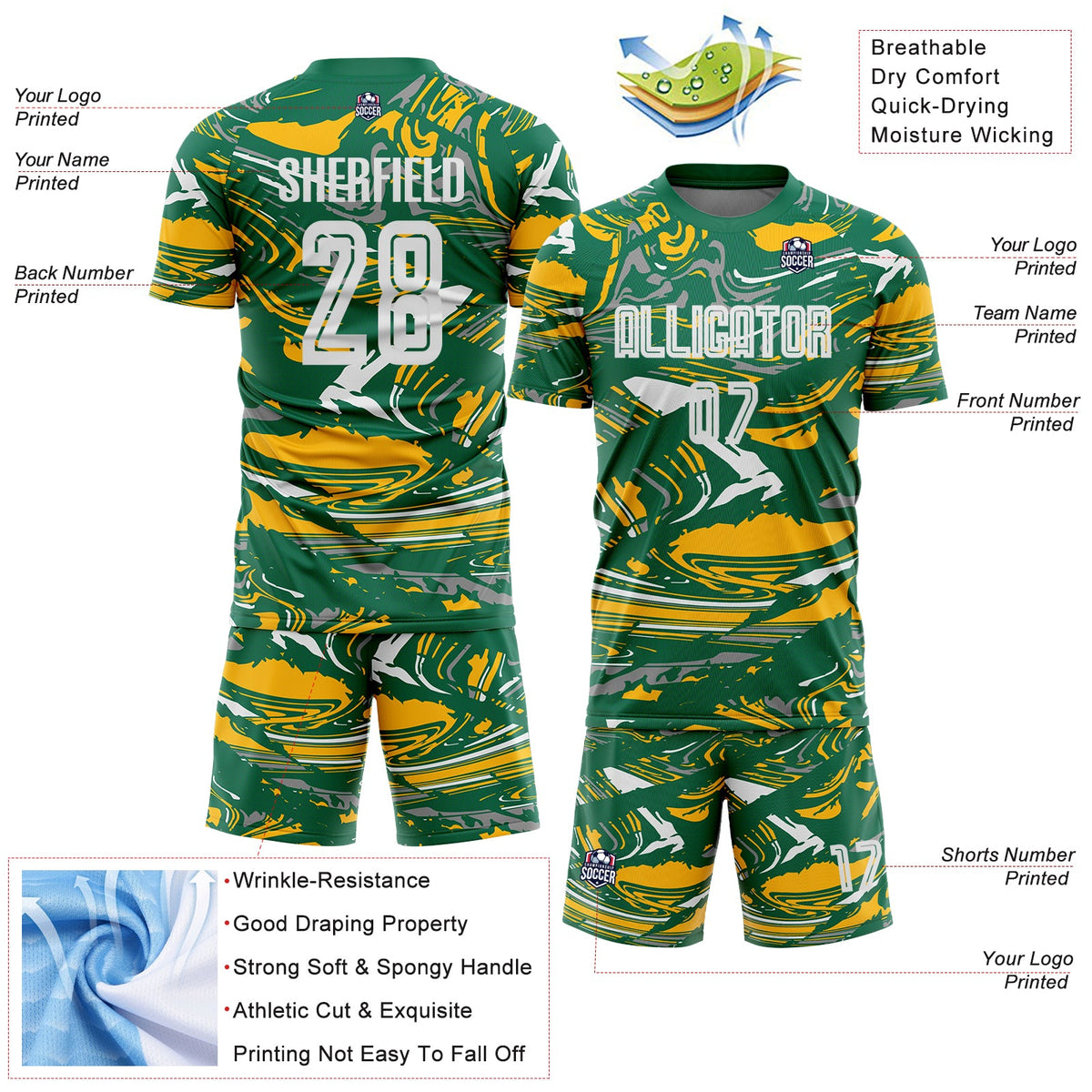 Custom Figure White Kelly Green-Gold Fluid Art Splash Sublimation Soccer Uniform Jersey Limited