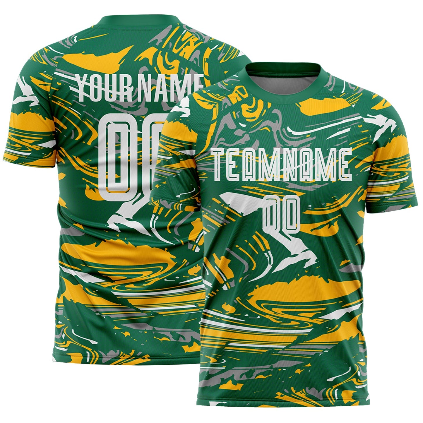 Custom Figure White Kelly Green-Gold Fluid Art Splash Sublimation Soccer Uniform Jersey