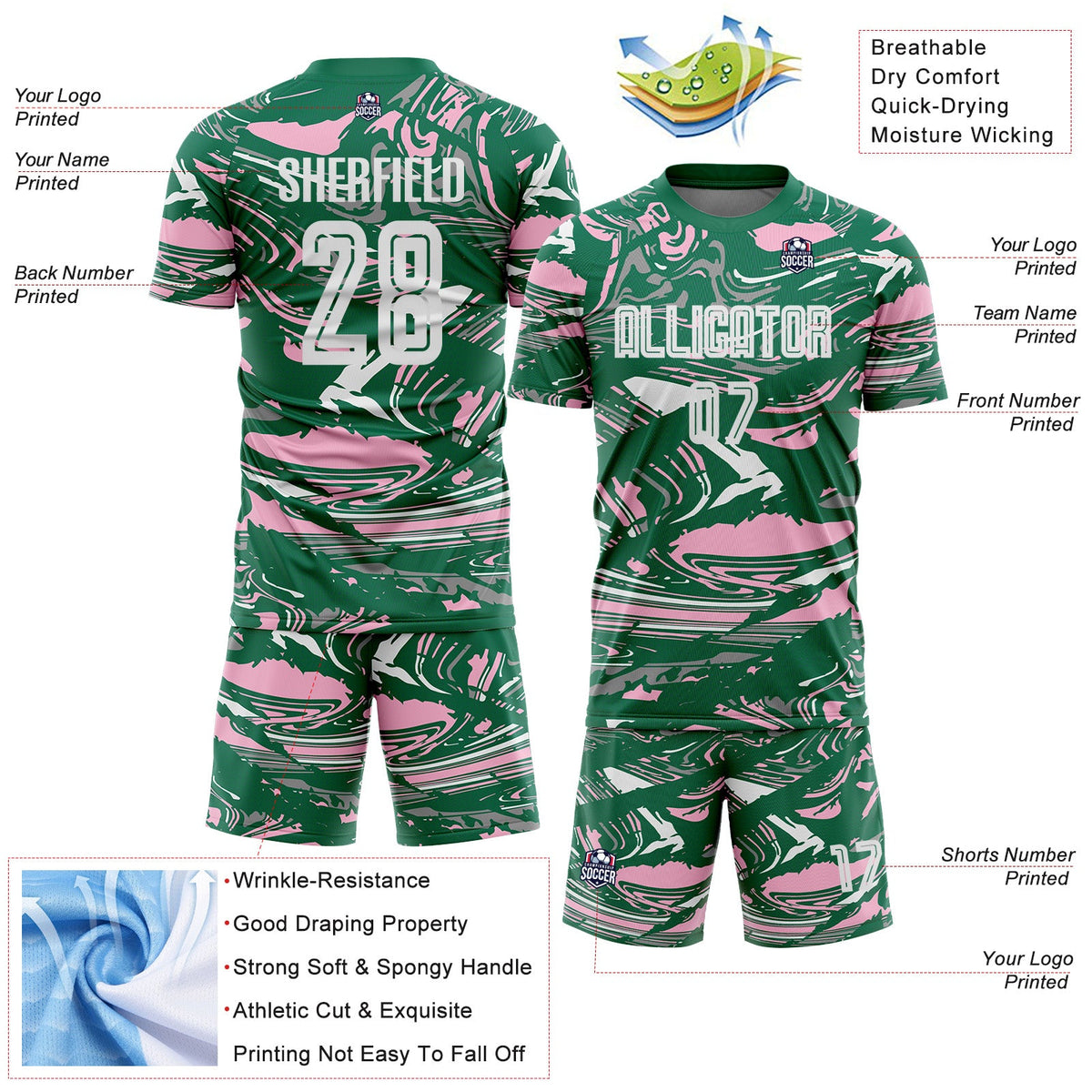Custom Figure White Kelly Green-Light Pink Fluid Art Splash Sublimation Soccer Uniform Jersey Limited