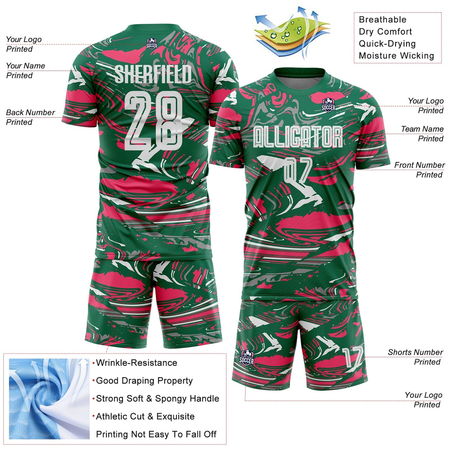 Custom Figure White Kelly Green-Neon Pink Fluid Art Splash Sublimation Soccer Uniform Jersey Limited
